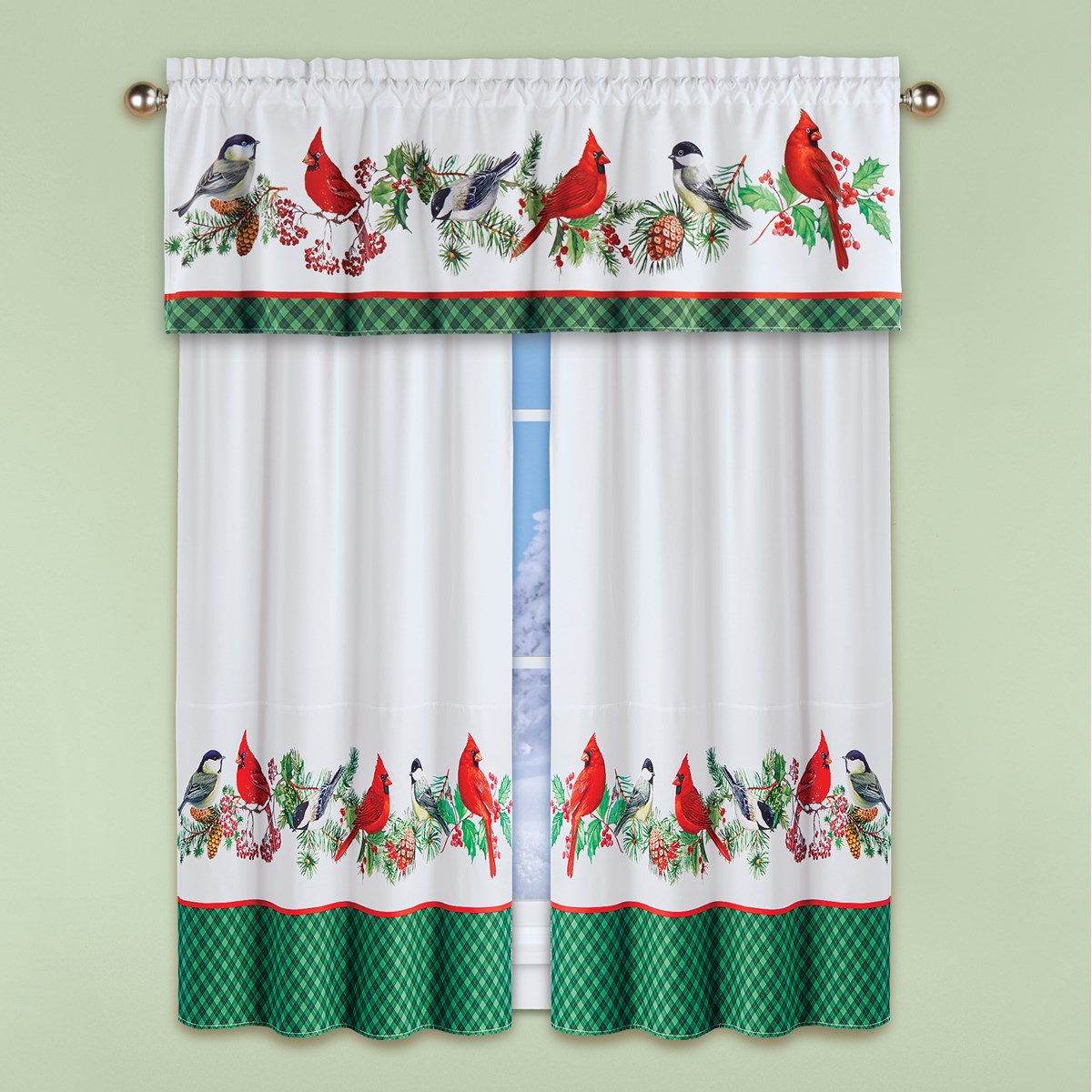 Festive Bird and Pine Holiday Window Curtains Collections Etc.