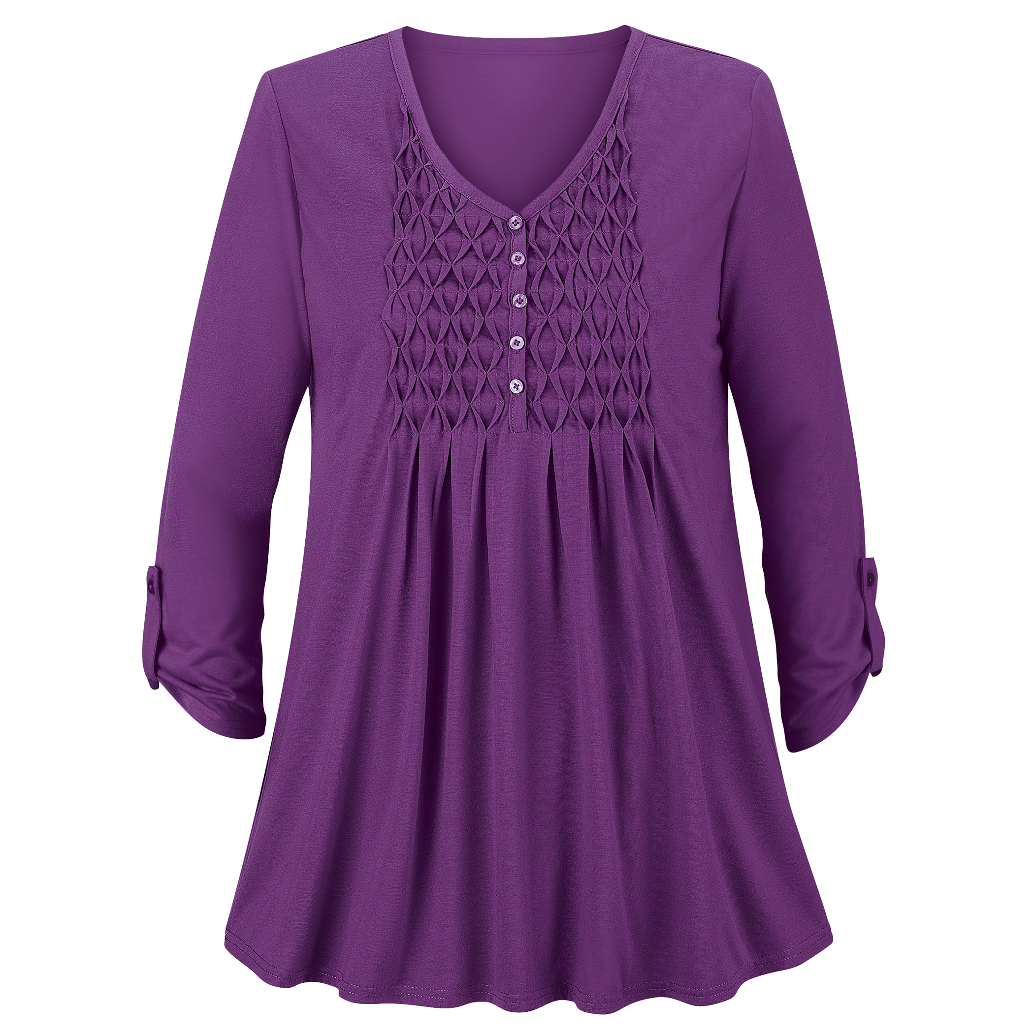 Smocked Bodice Knit Tunic with 3/4 Sleeves, Eggplant, Large