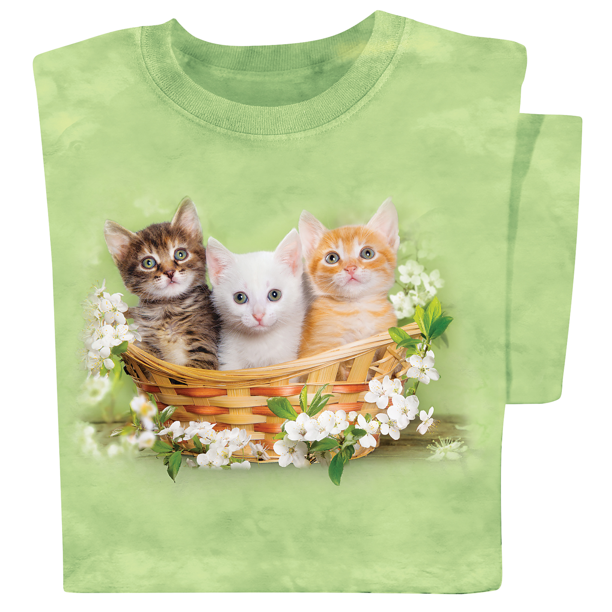 Kitten Trio in a Basket Short Sleeve Graphic Shirt - Women - Trendy - Crew Neck, Cotton, Machine Washable, Green, Medium
