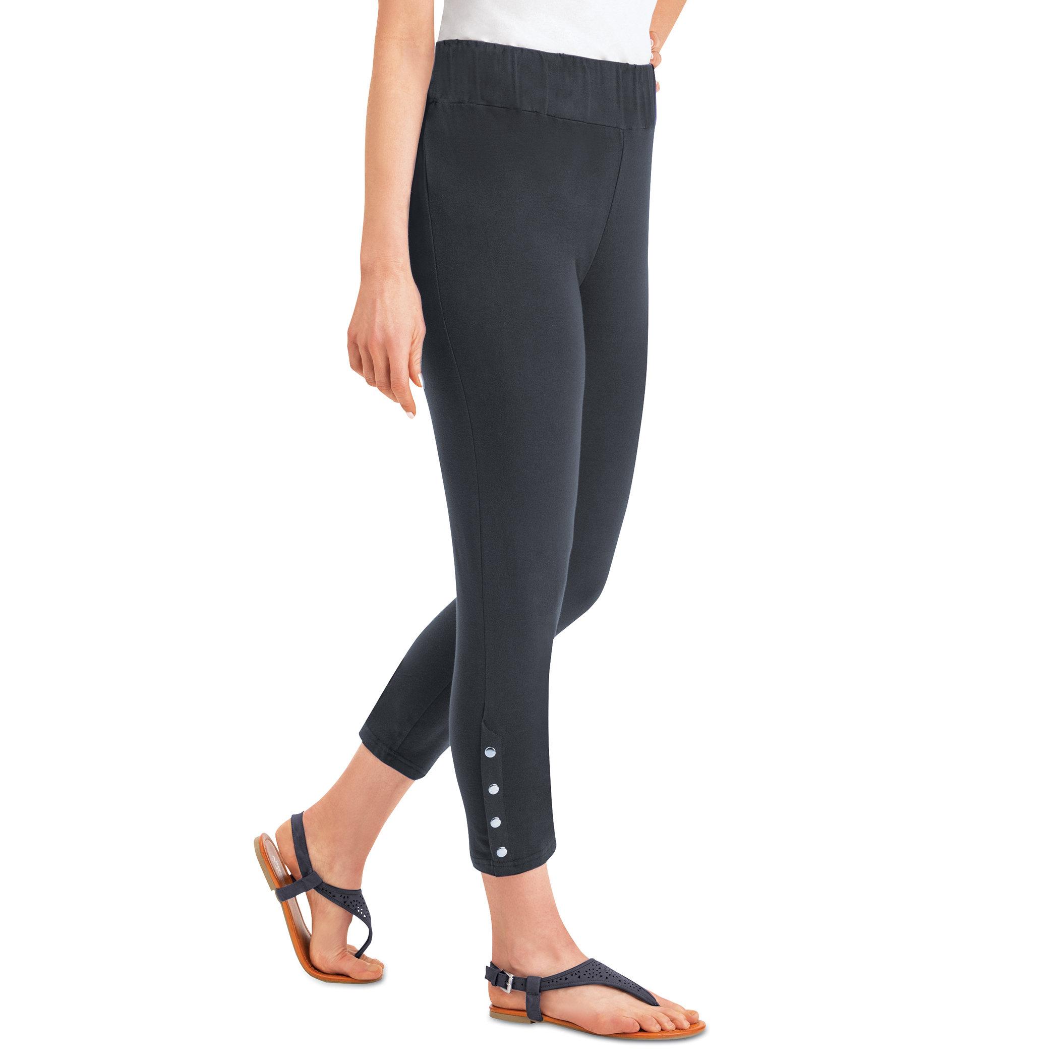 Silver-Toned Snap Detail Accented Capri Leggings