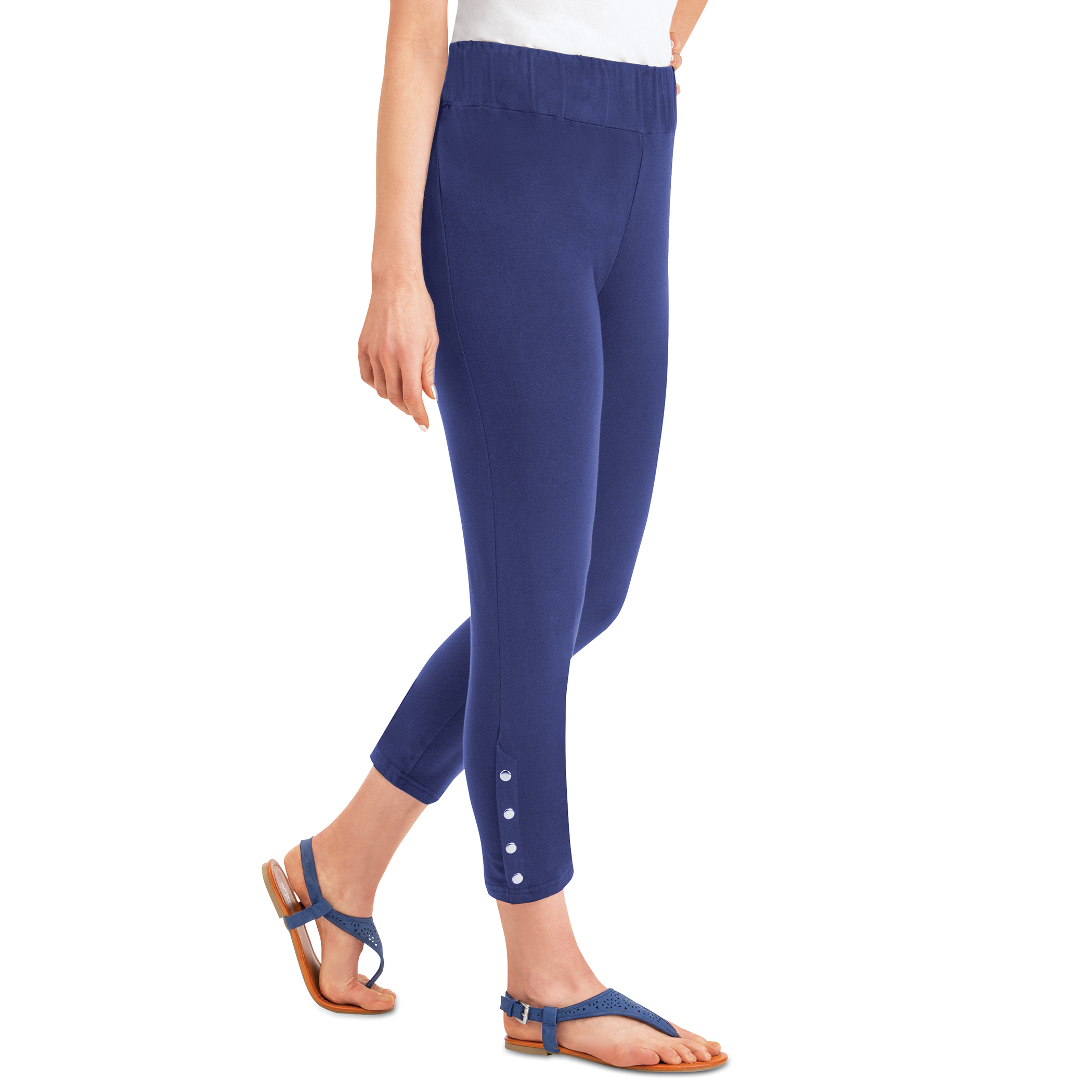 Silver-Toned Snap Detail Accented Capri Leggings Medium Black