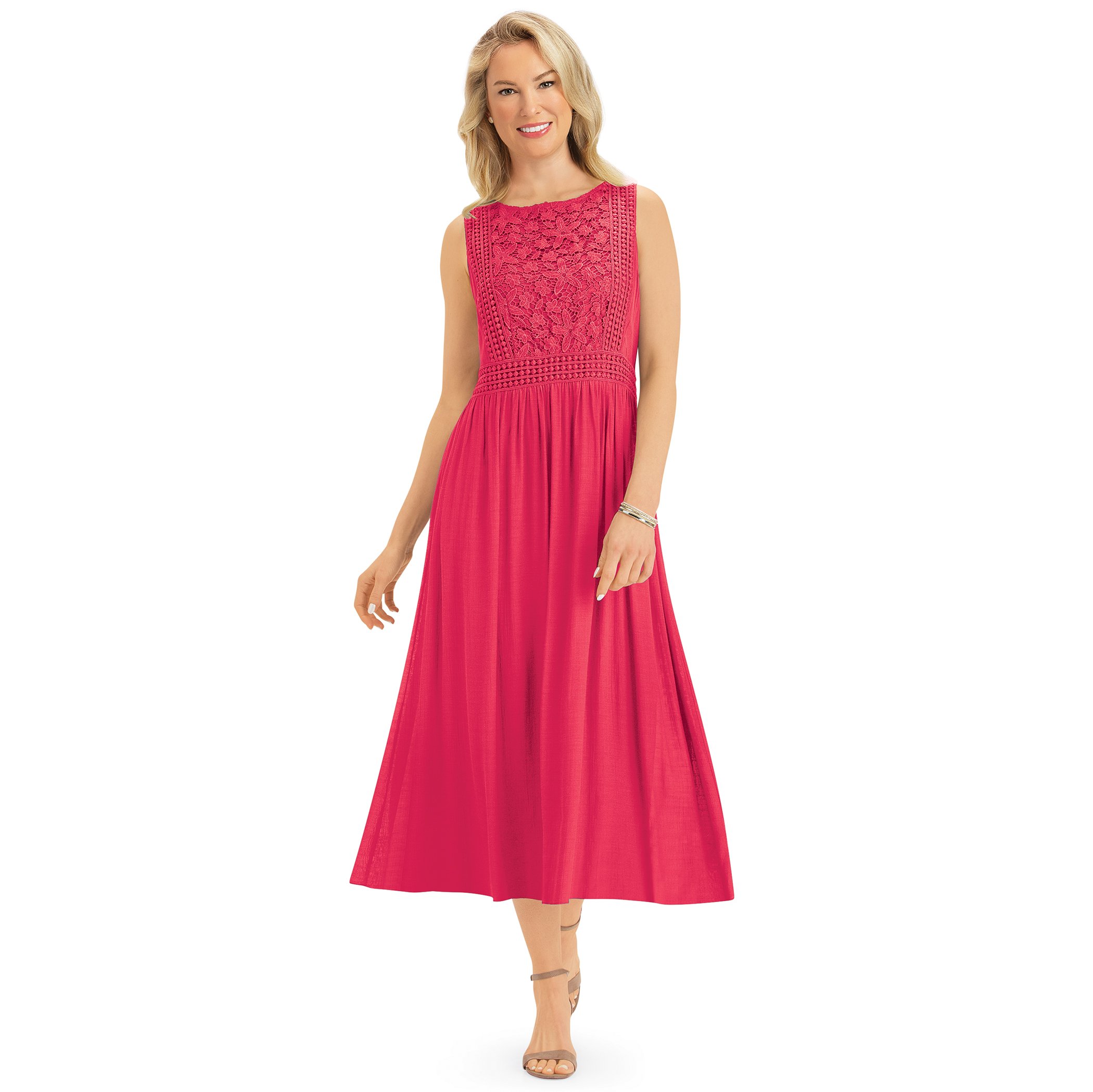 Embroidered Lace Bodice Scoop Neckline Sleeveless Dress Large Women Coral