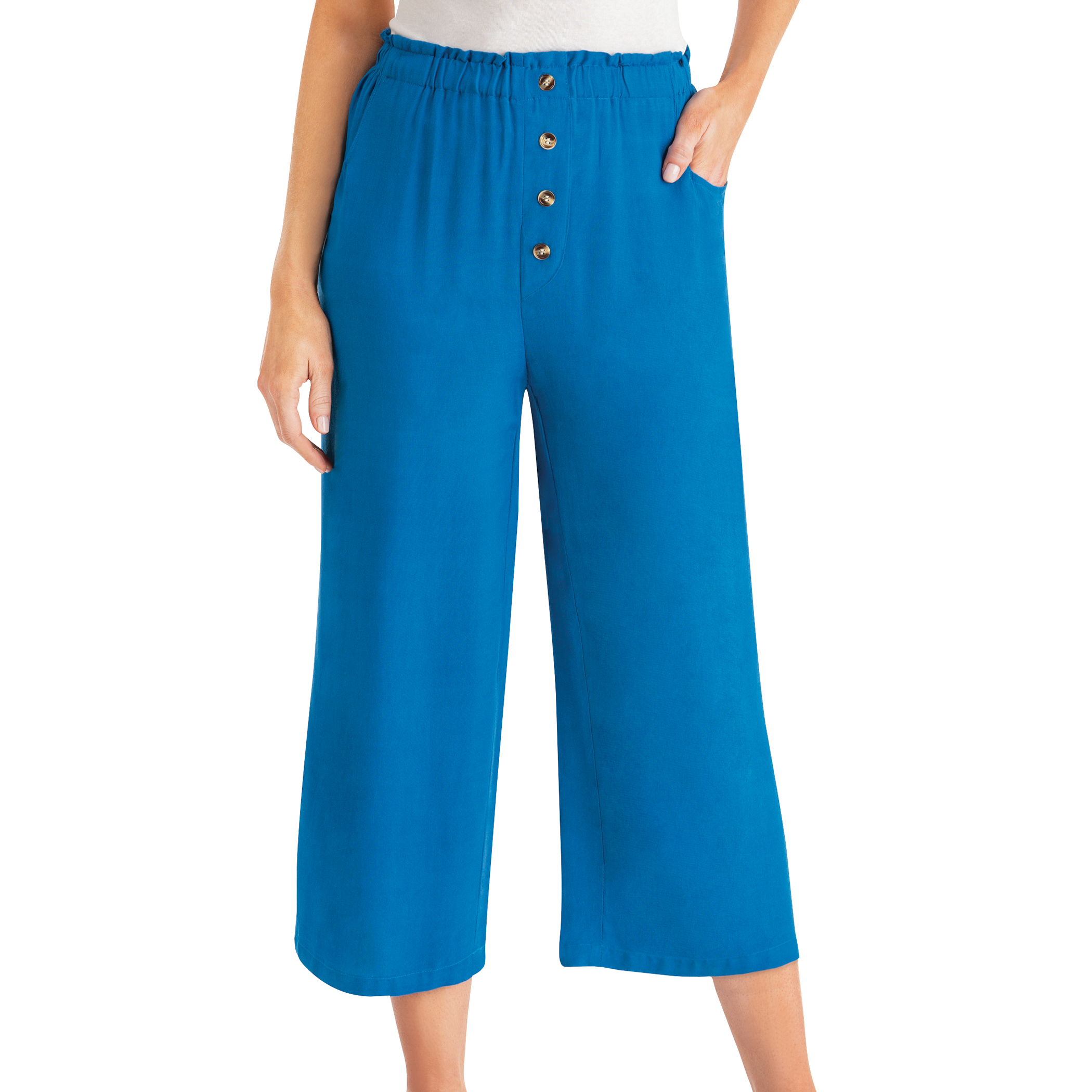 Pull-On Elasticized Waist Faux Button Fly Capris