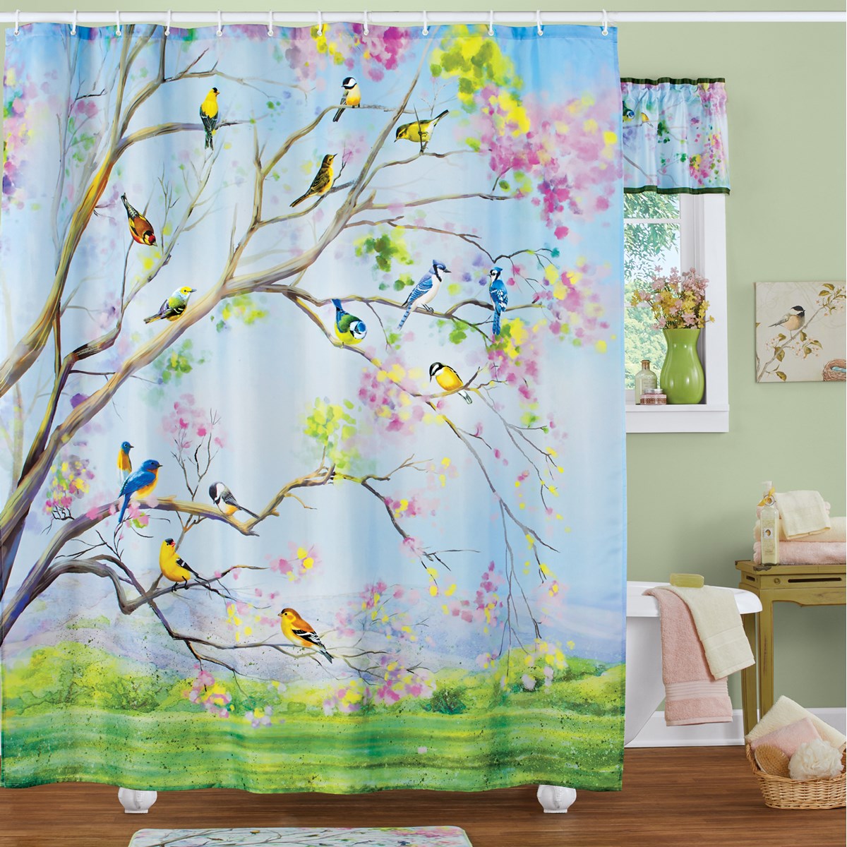 Colorful Birds on Branch Shower Curtain with 12 Hooks Collections Etc.