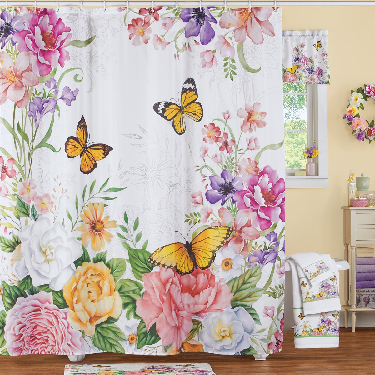 Beautiful Butterfly & Floral Shower Curtain with 12 Hooks Collections