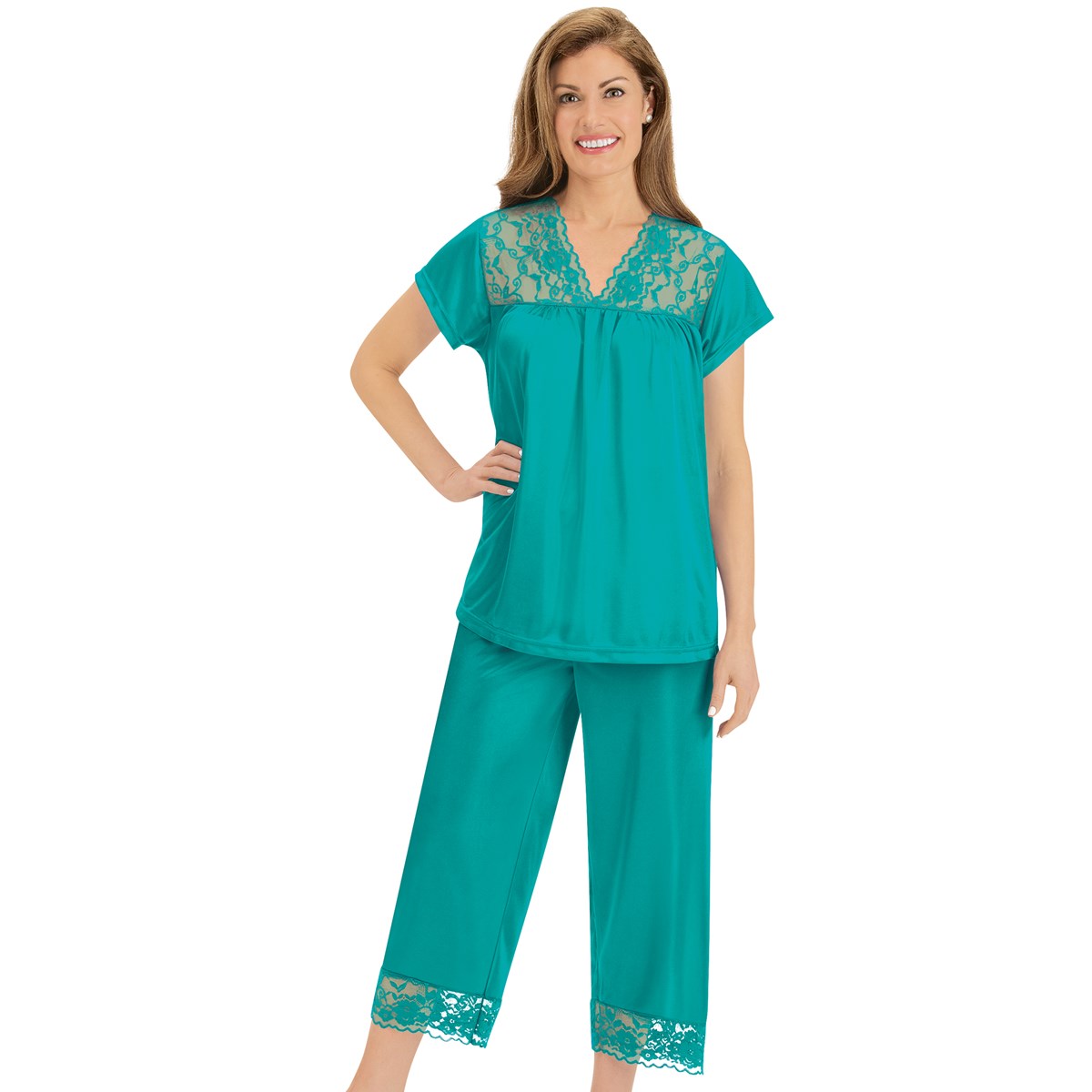 2Piece Lace Trim Top & Capri Pajama Set Collections Etc.