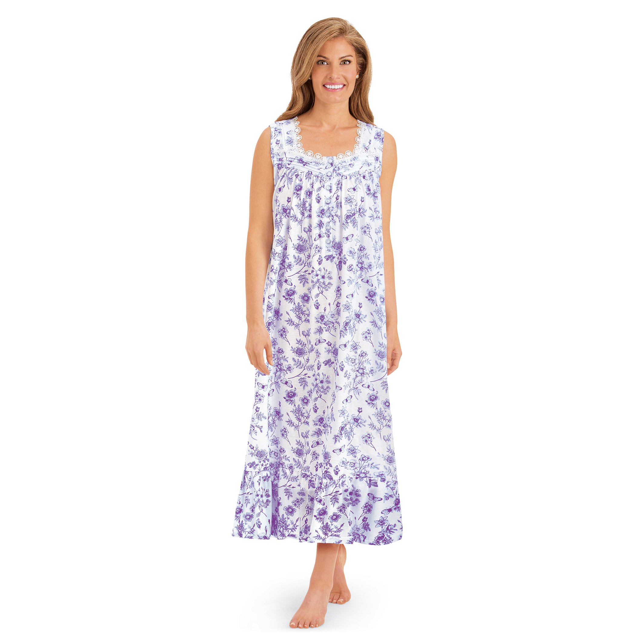 Feminine Floral Print Knit Sleeveless Nightgown Large Blue