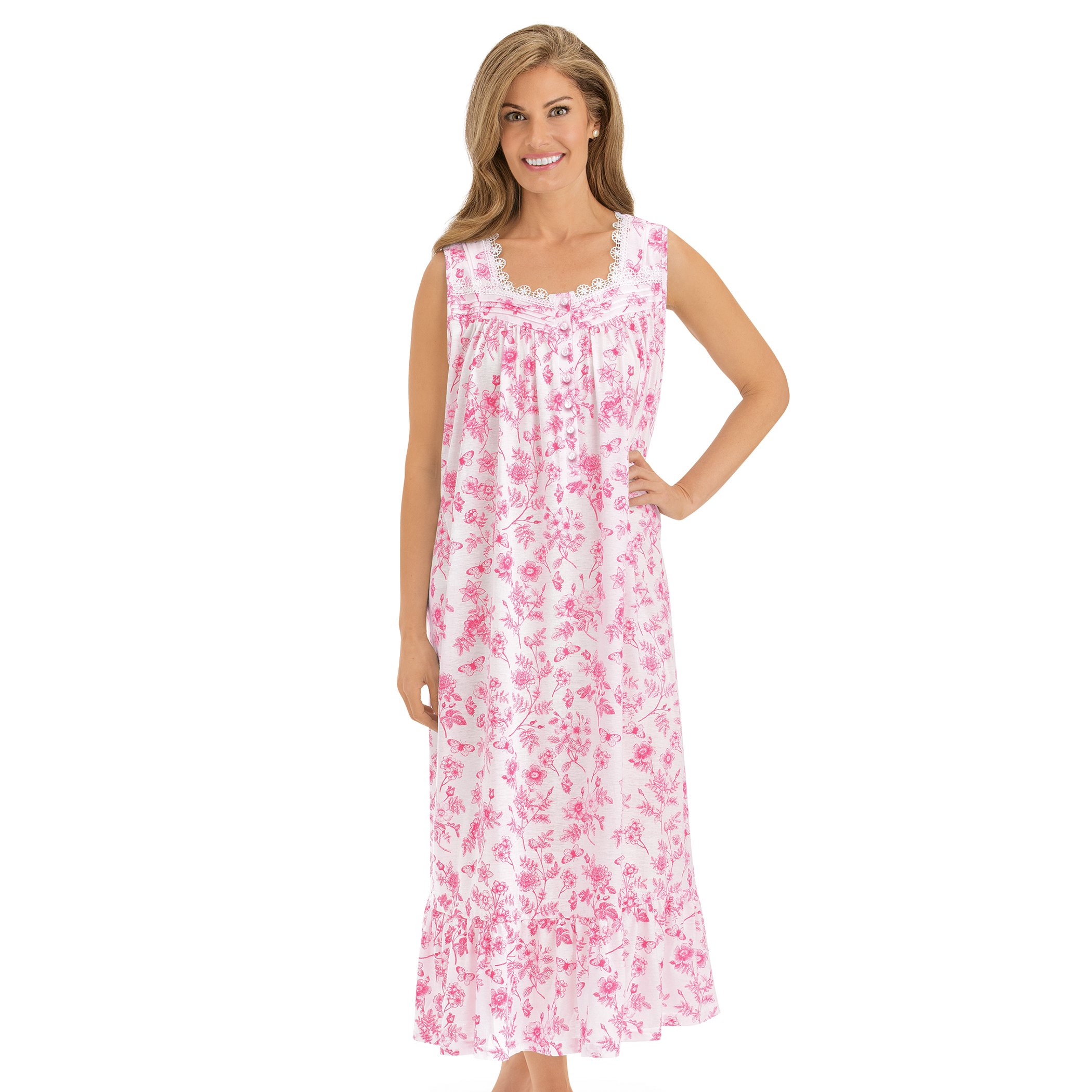 Feminine Floral Print Knit Sleeveless Nightgown Large Pink