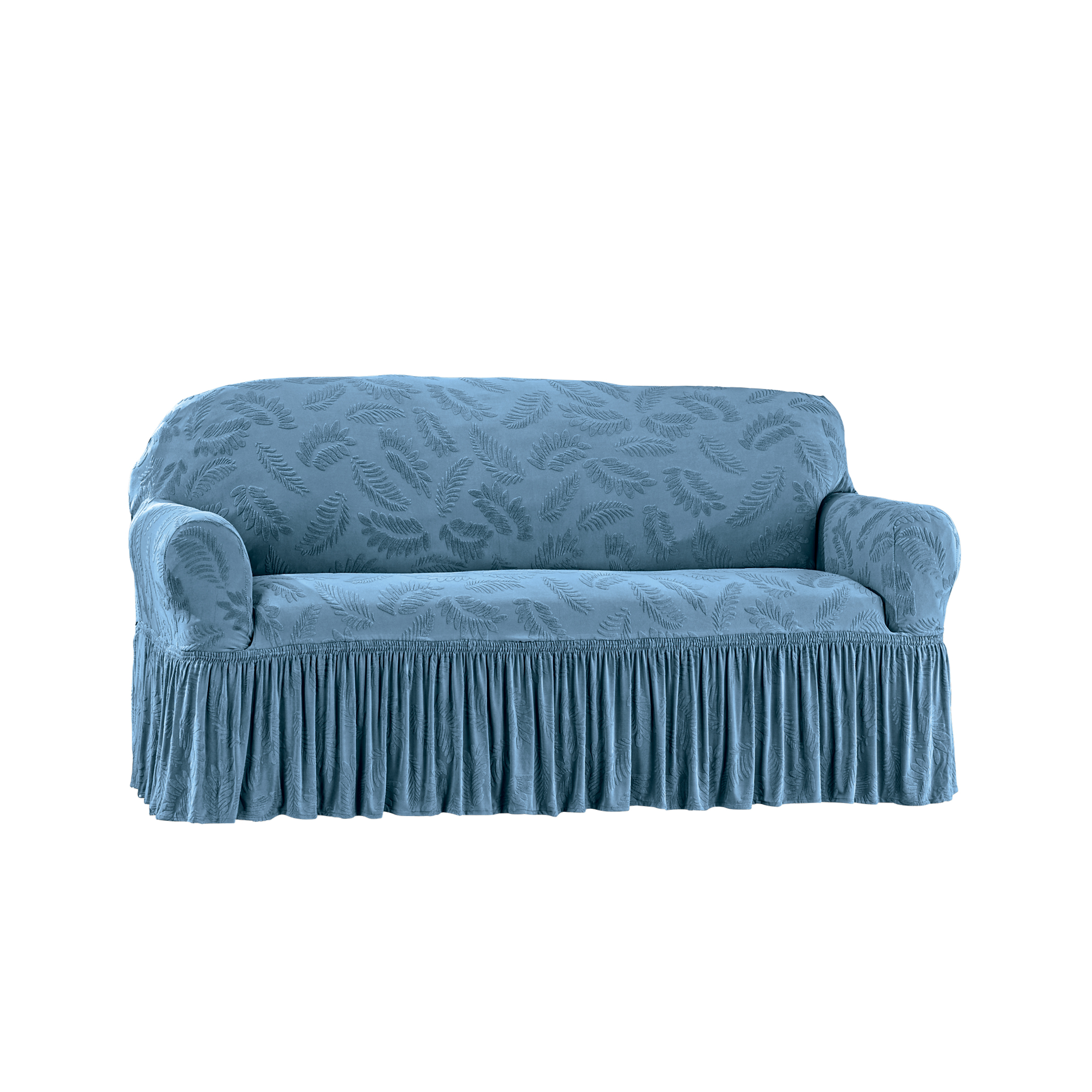 Leaf Design Ruffle Border Stretch Furniture Cover Loveseat Blue