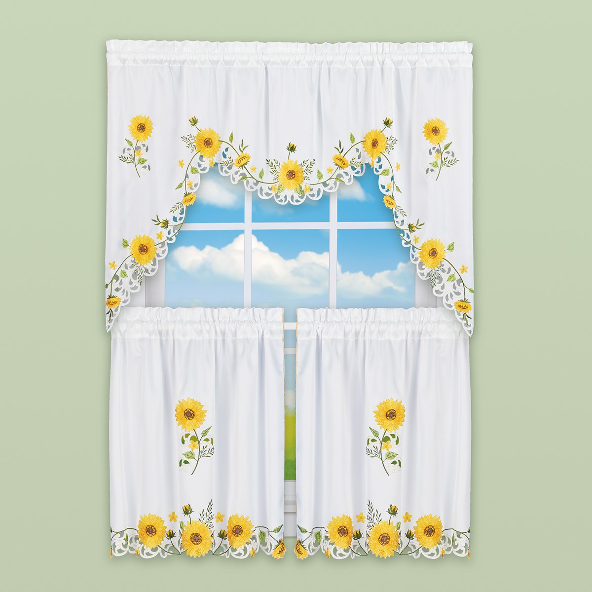 Embroidered Sunflower Cutout Kitchen Curtains Collections Etc.