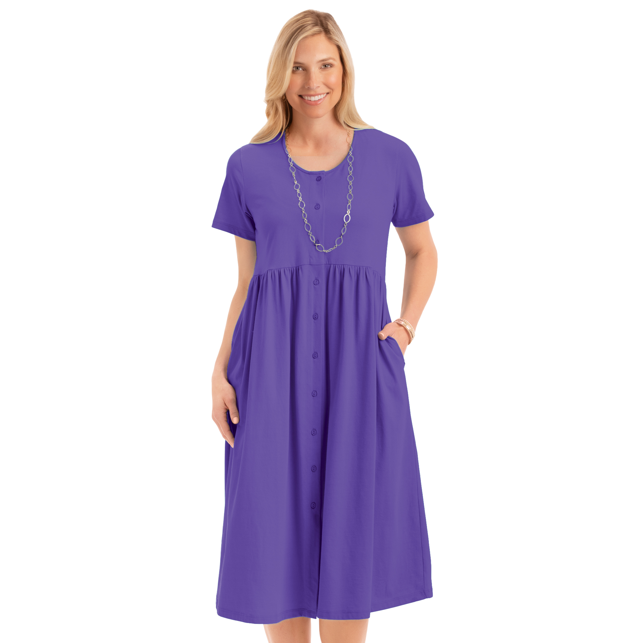 Easy Fit Button Front Scooped Neckline Knit Dress