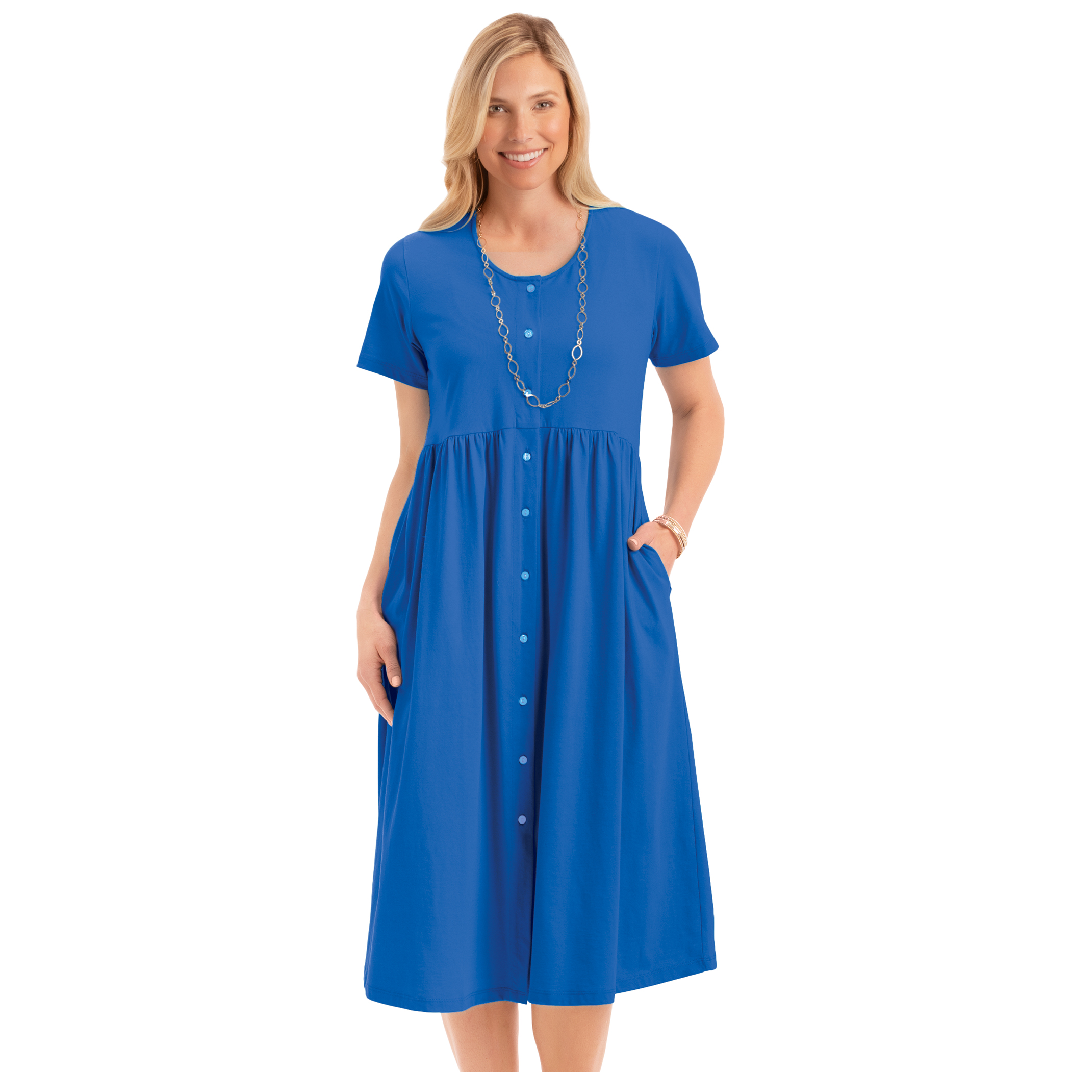 Women's Easy Fit Button Front Scooped Neckline Knit Dress Royal Blue Medium