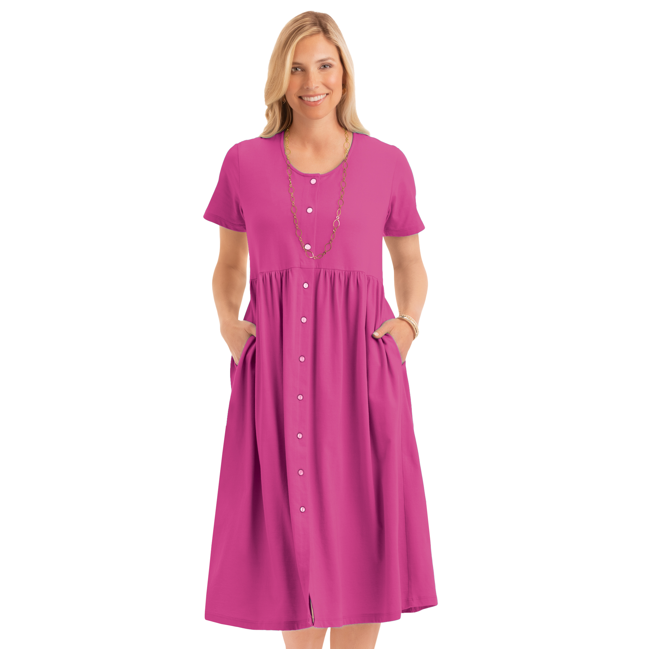 Women's Easy Fit Button Front Scooped Neckline Knit Dress Raspberry Large