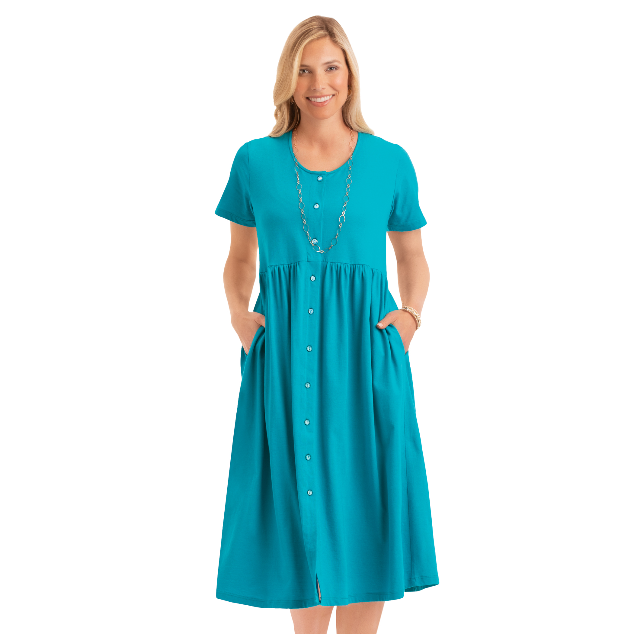 Easy Fit Button Front Scooped Neckline Knit Dress Medium Women Royal Blue