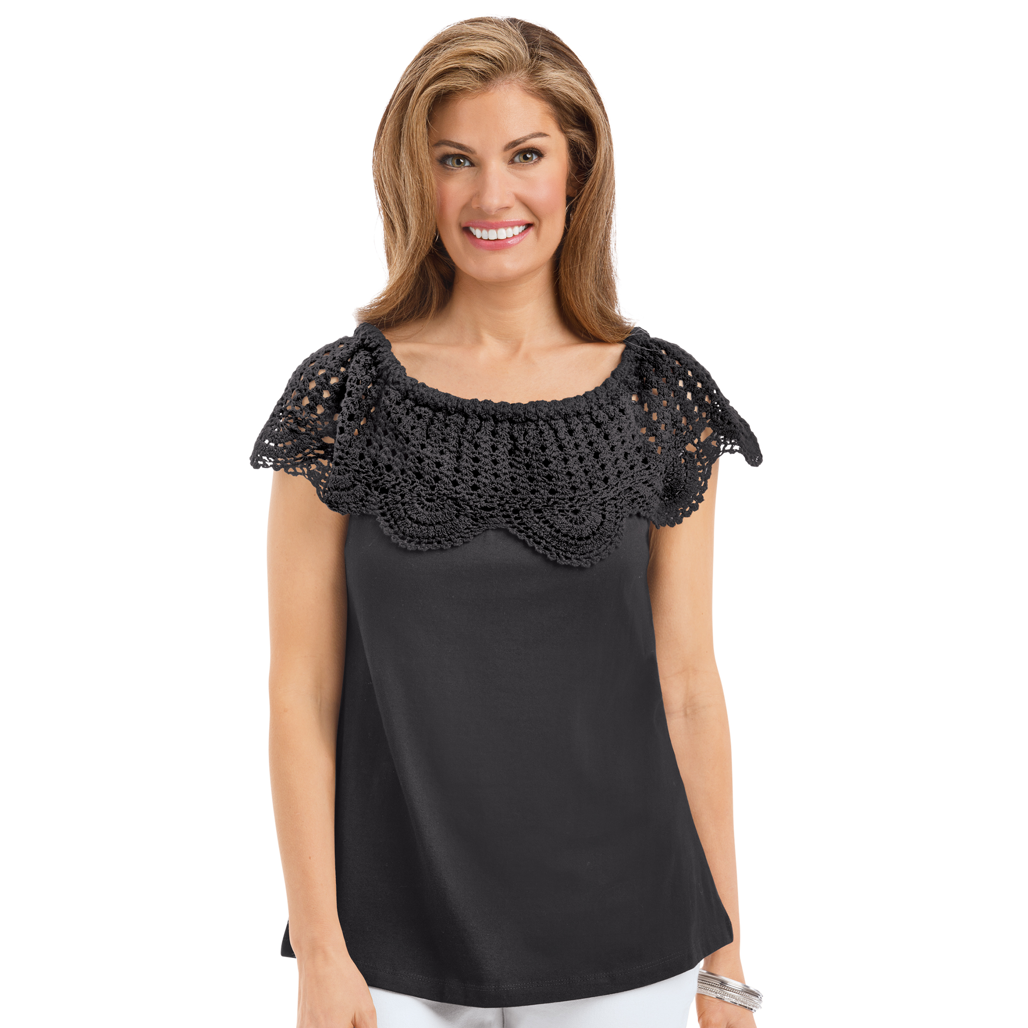On-Off Shoulder Scalloped Crochet Short Sleeve Top