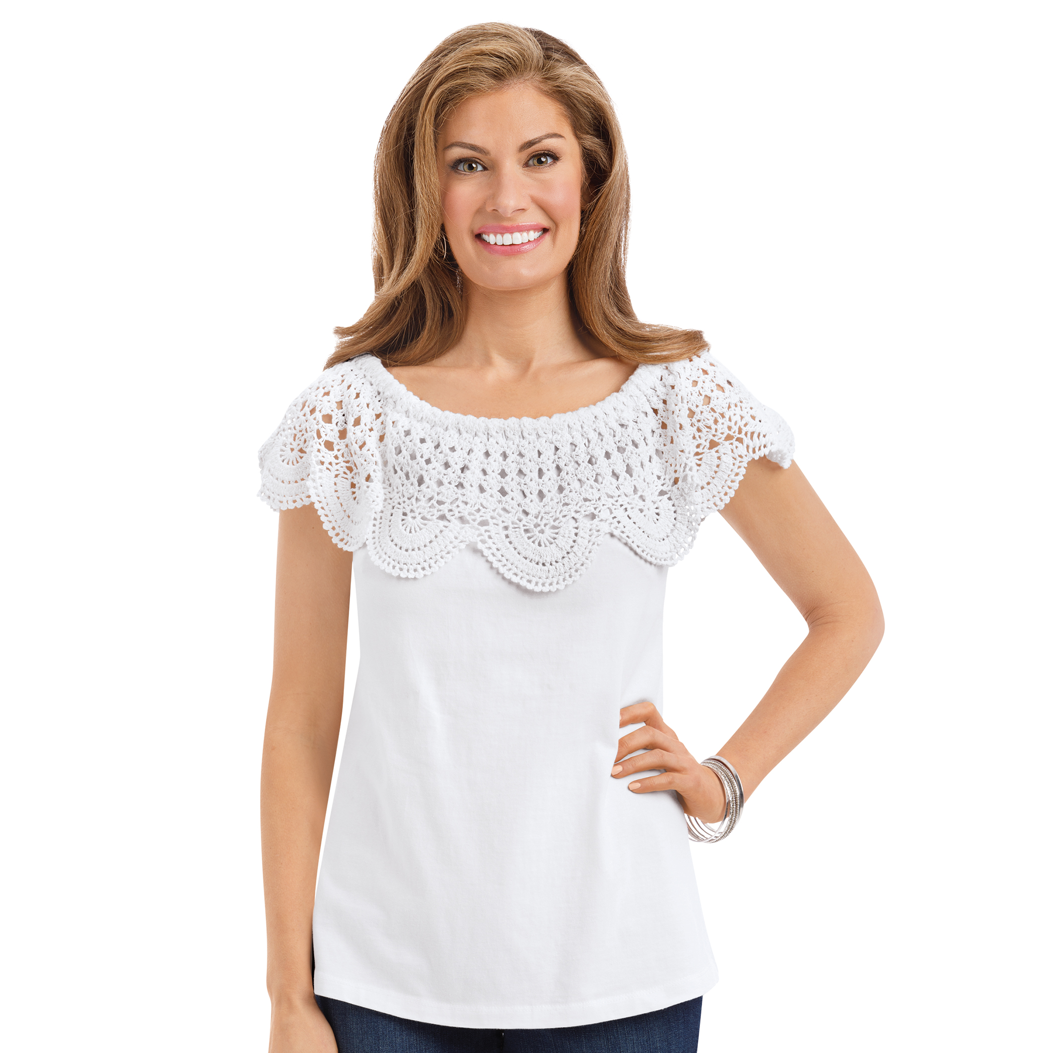 On-Off Shoulder Scalloped Crochet Short Sleeve Top Large Black