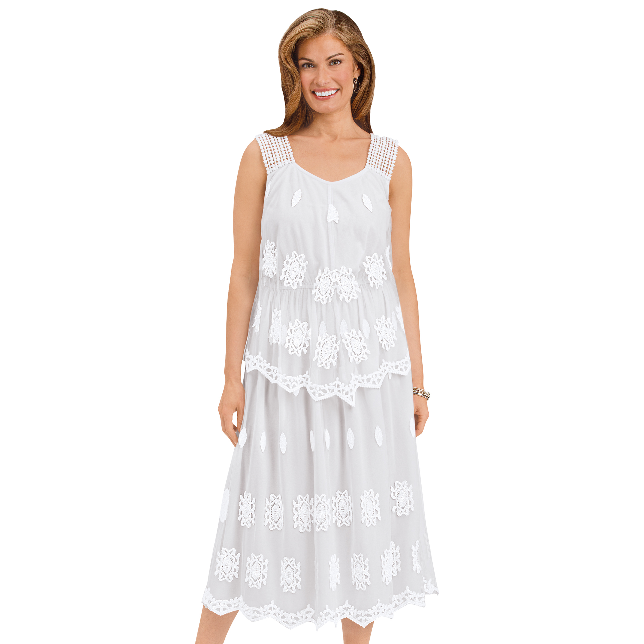 Embroidered Tiered Sleeveless White Dress