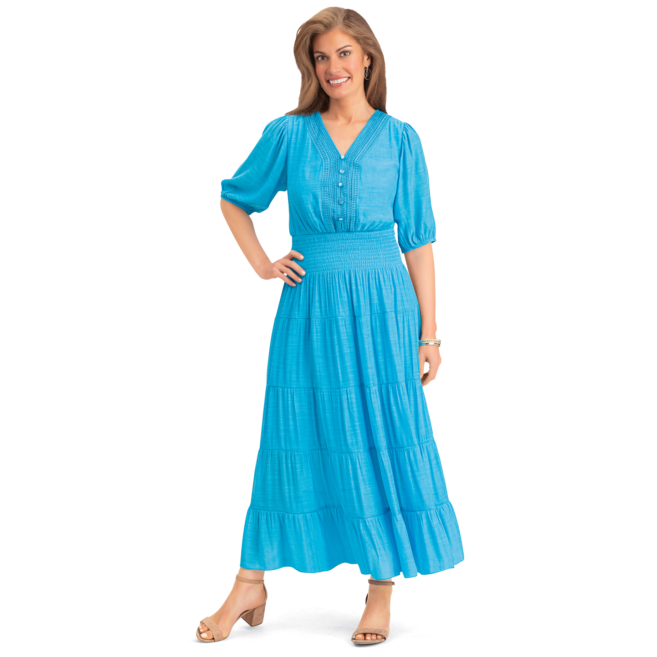 Smocked Waist Tiered Short Sleeve V-Neck Dress