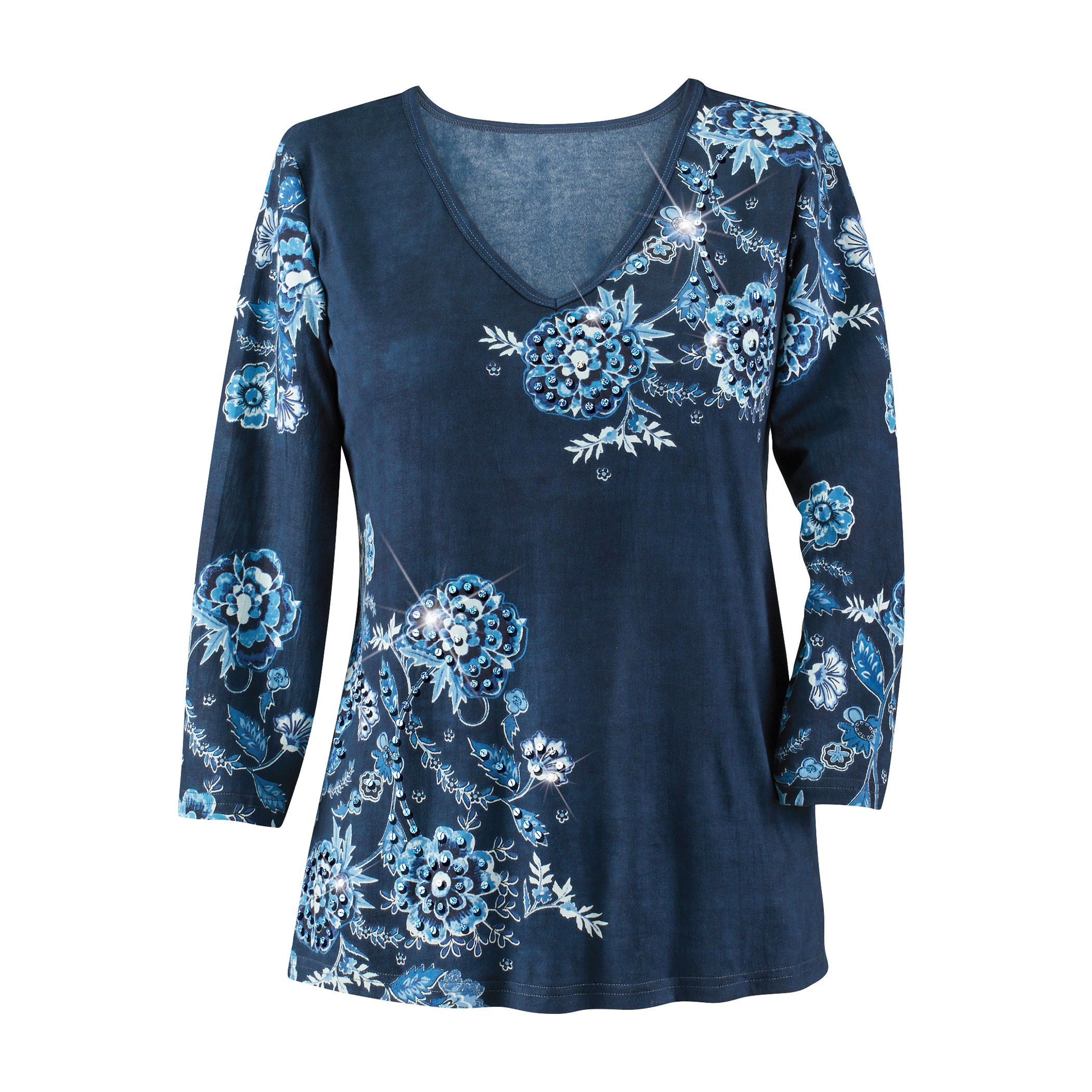 Blue Tonal Sequin Floral V-Neck Long Sleeve Top