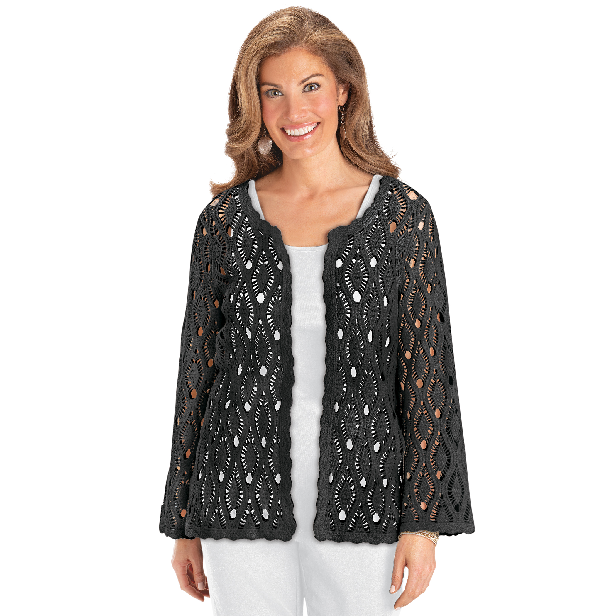 Open Front Scalloped Hem Crochet Cardigan Large Black