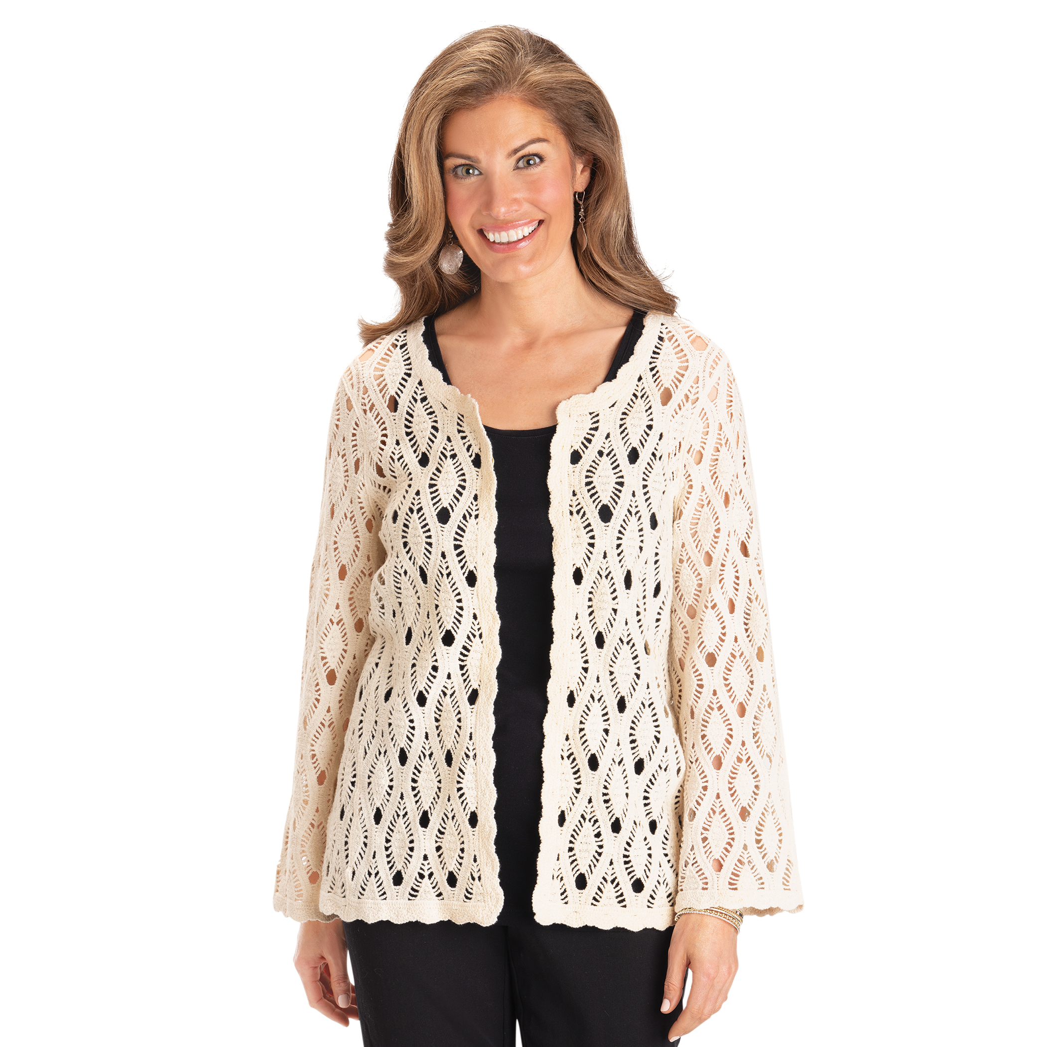 Women's Open Front Scalloped Hem Crochet Cardigan Natural XX-Large