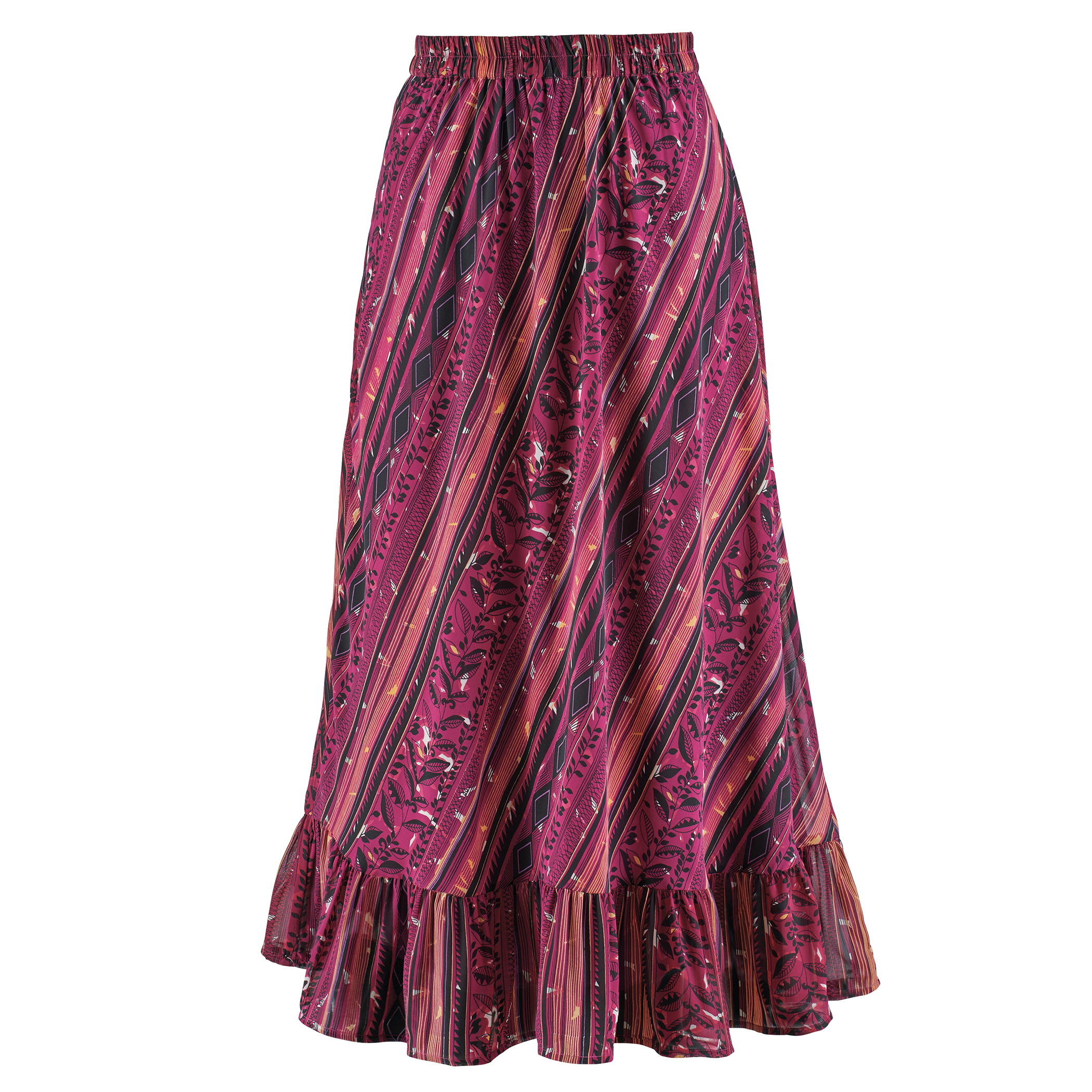 Flounce Hem Colorful Floral Chiffon Skirt Medium Burgundy Multi