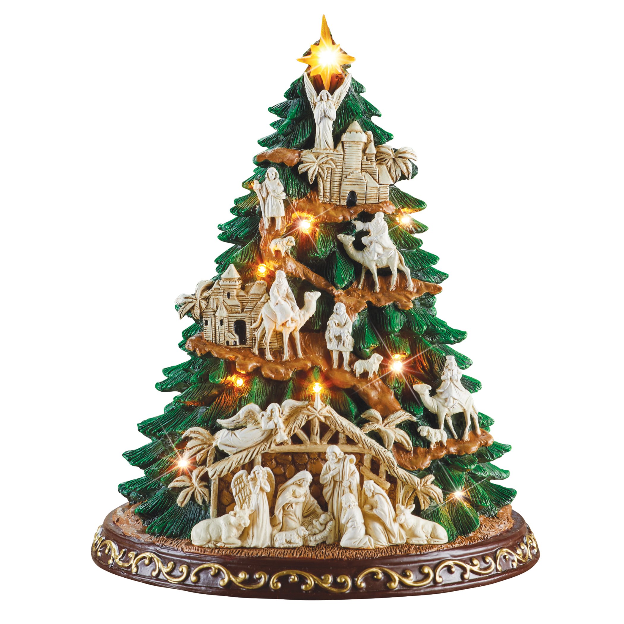 Hand-Painted Lighted Nativity Tree Tabletop Decoration 7 X 7 X 8.75