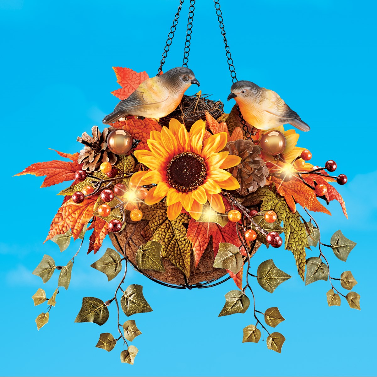 Solar Powered Autumn Floral and Birds Hanging Basket Collections Etc.