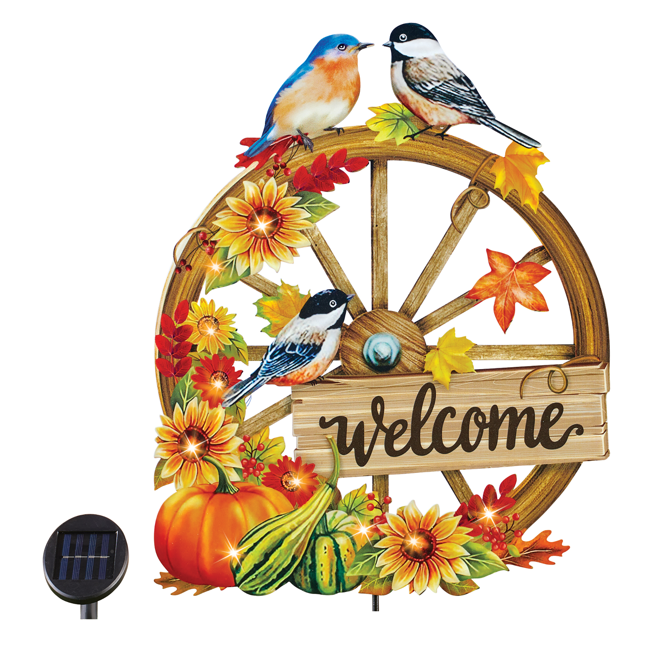 Solar Powered Autumn Birds Welcome Wagon Wheel Stake NO SIZE Brown