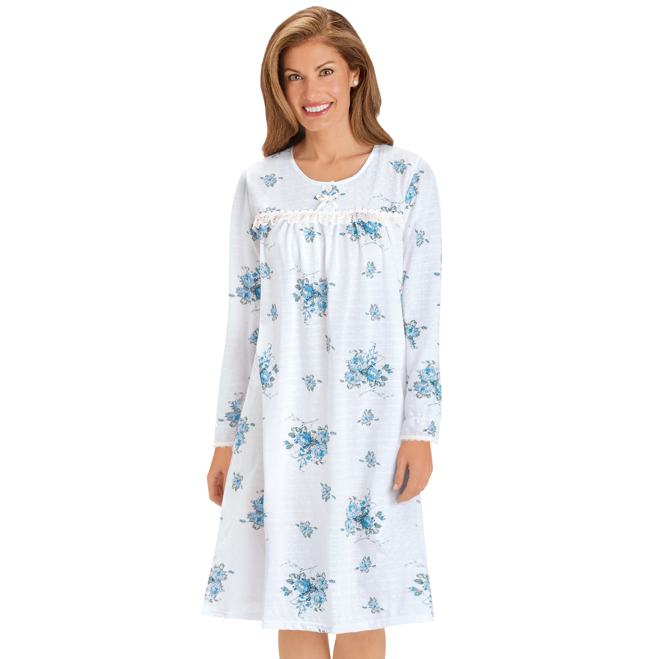 Ribbon & Lace Trim Floral Long Sleeve Nightgown