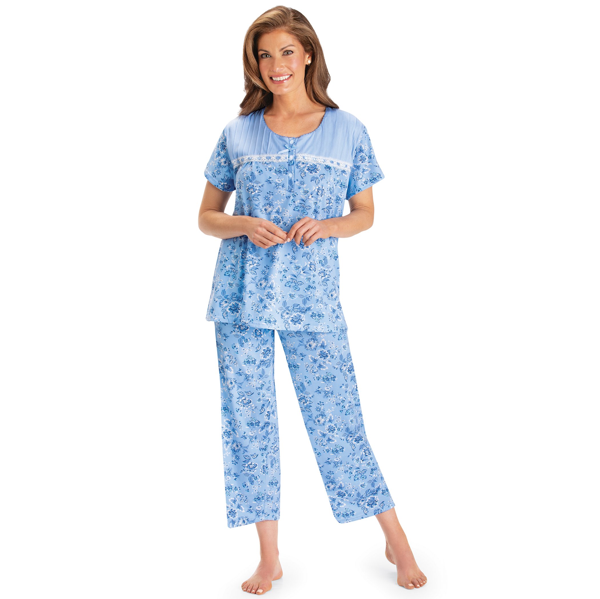 Lace Trim Floral Print 2-Piece Capri Pajama Set