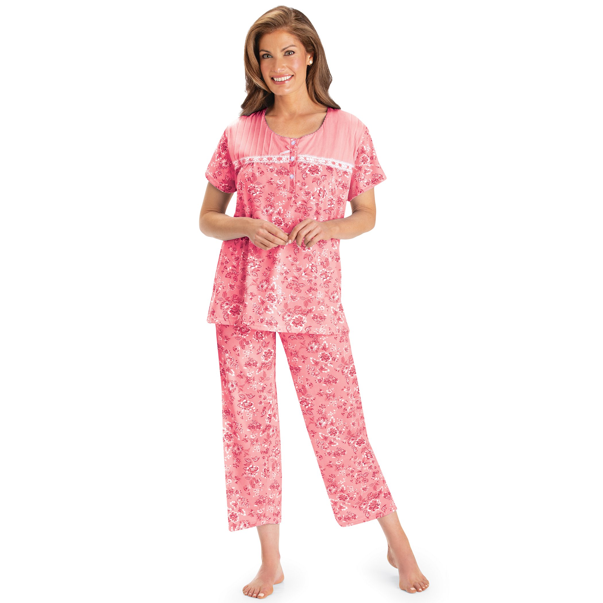Lace Trim Floral Print 2-Piece Capri Pajama Set Large Pink