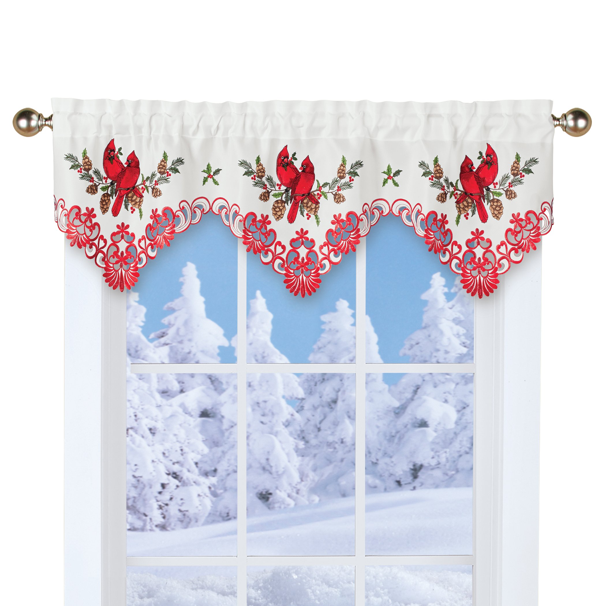 Embroidered Cardinal Pinecone Window Curtain Valance