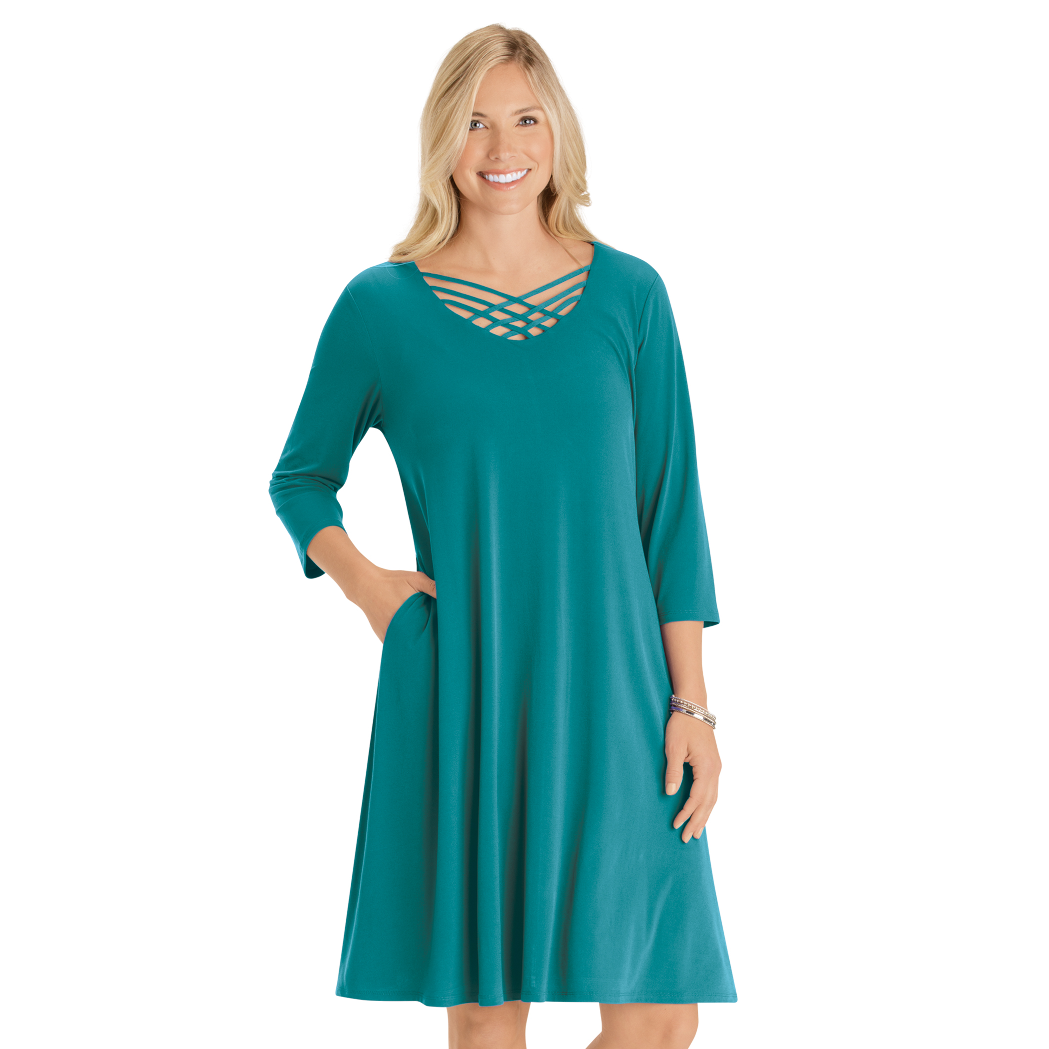 Lattice Neck Easy Fit 3/4 Sleeve Dress