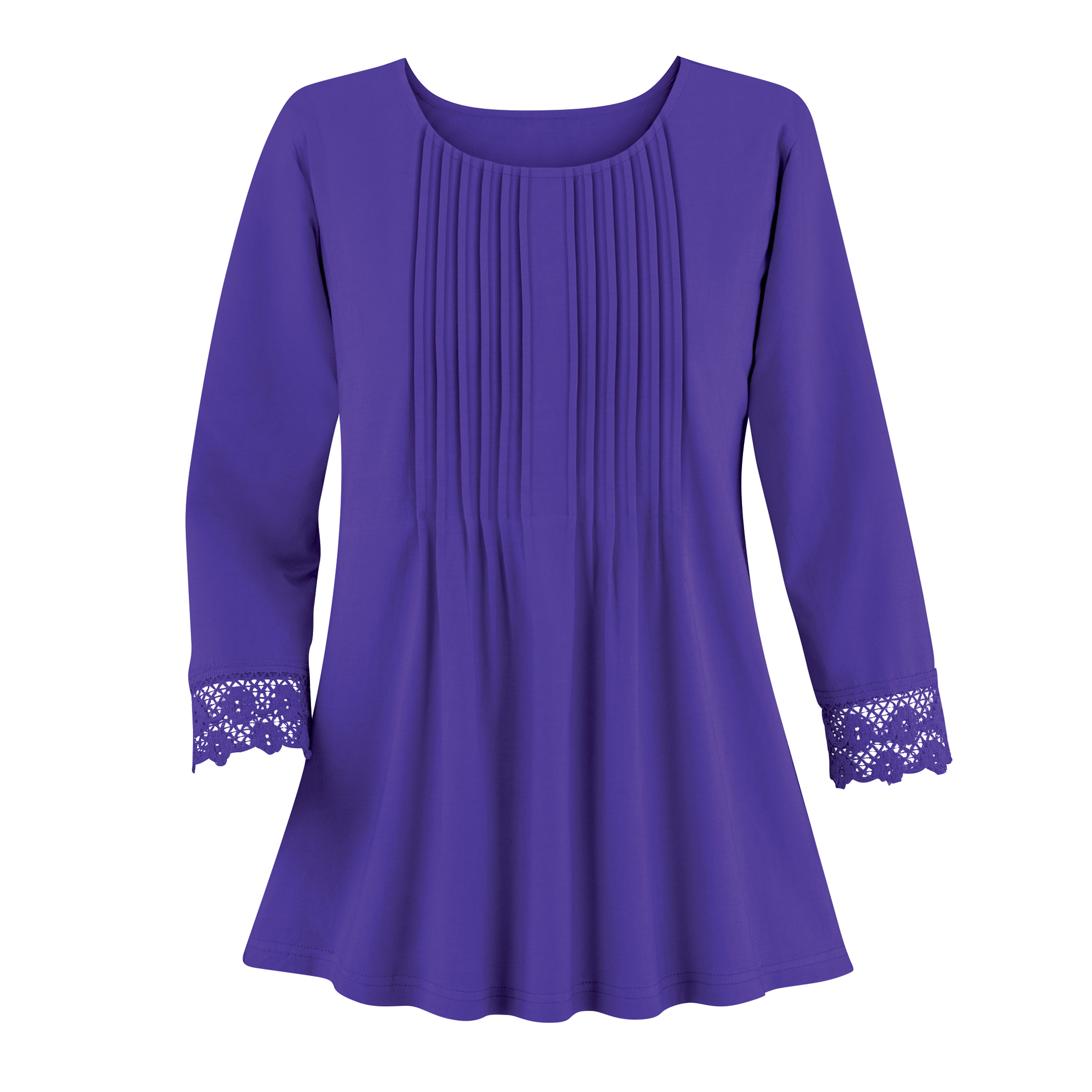 Lace Trim & Pleated Pintuck 3/4 Sleeve Tunic