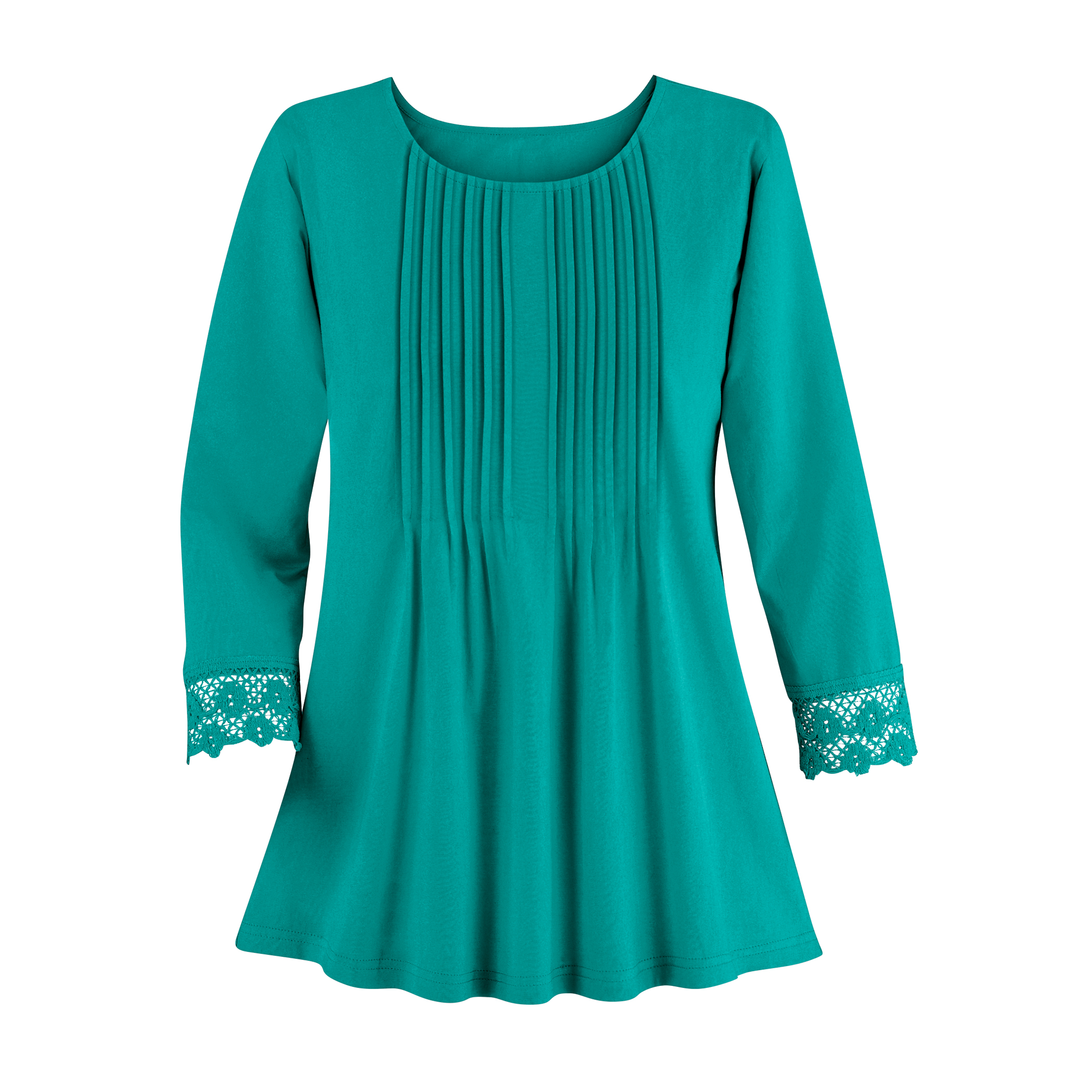 Lace Trim & Pleated Pintuck 3/4 Sleeve Tunic Medium Aubergine