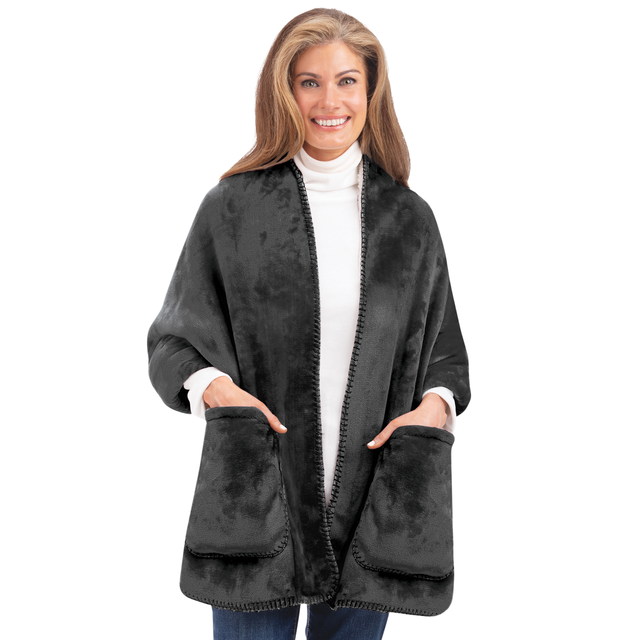 Soft Fleece Lined Wrap with Front Pockets Black