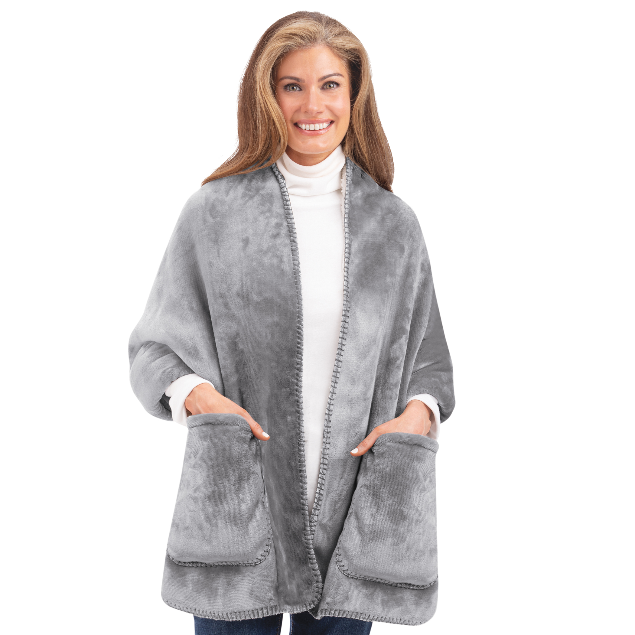 Soft Fleece Lined Wrap with Front Pockets Grey