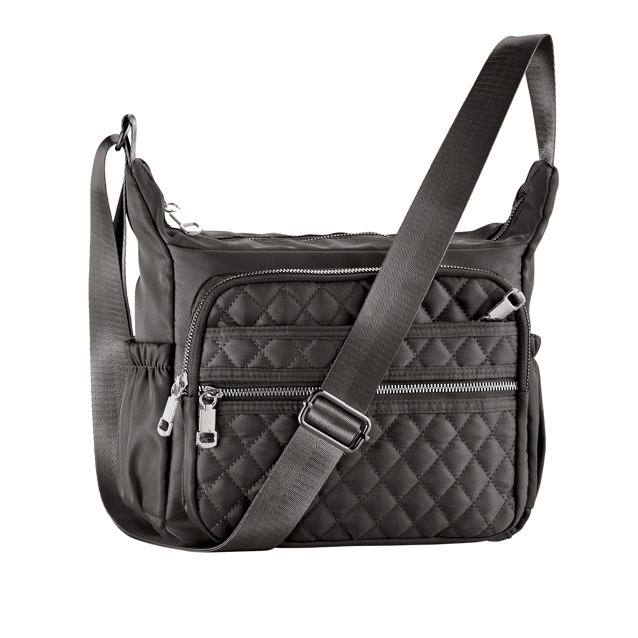 Adjustable Nylon Quilted Handbag with Front Zippered Pockets Grey