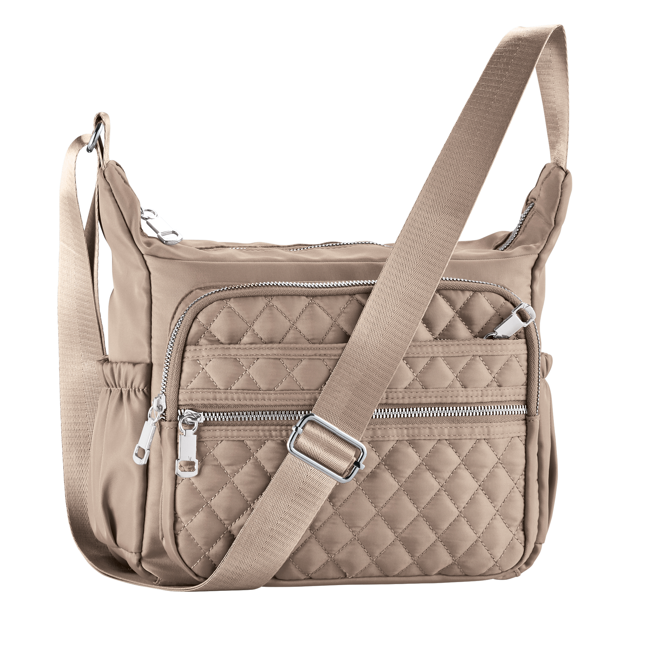 Adjustable Nylon Quilted Handbag with Front Zippered Pockets Taupe