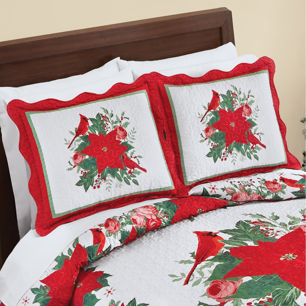 Poinsettia with Red Scalloped Edge Holiday Pillow Sham Collections Etc.