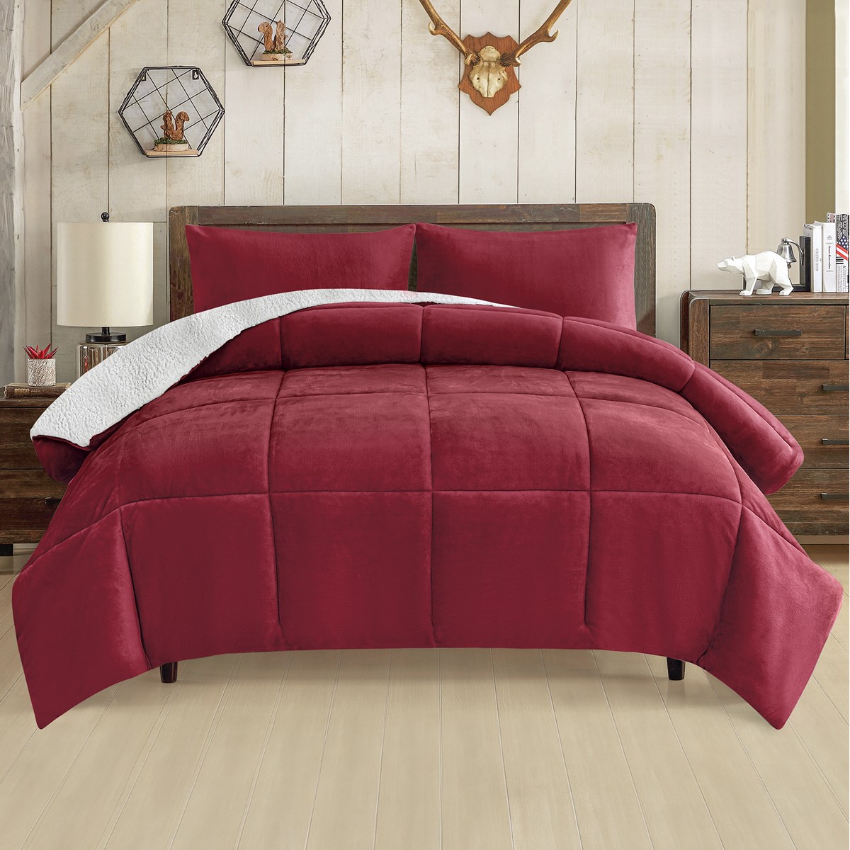 3piece Quilted Box Pattern Sherpa Fleece Comforter Set Collections Etc.