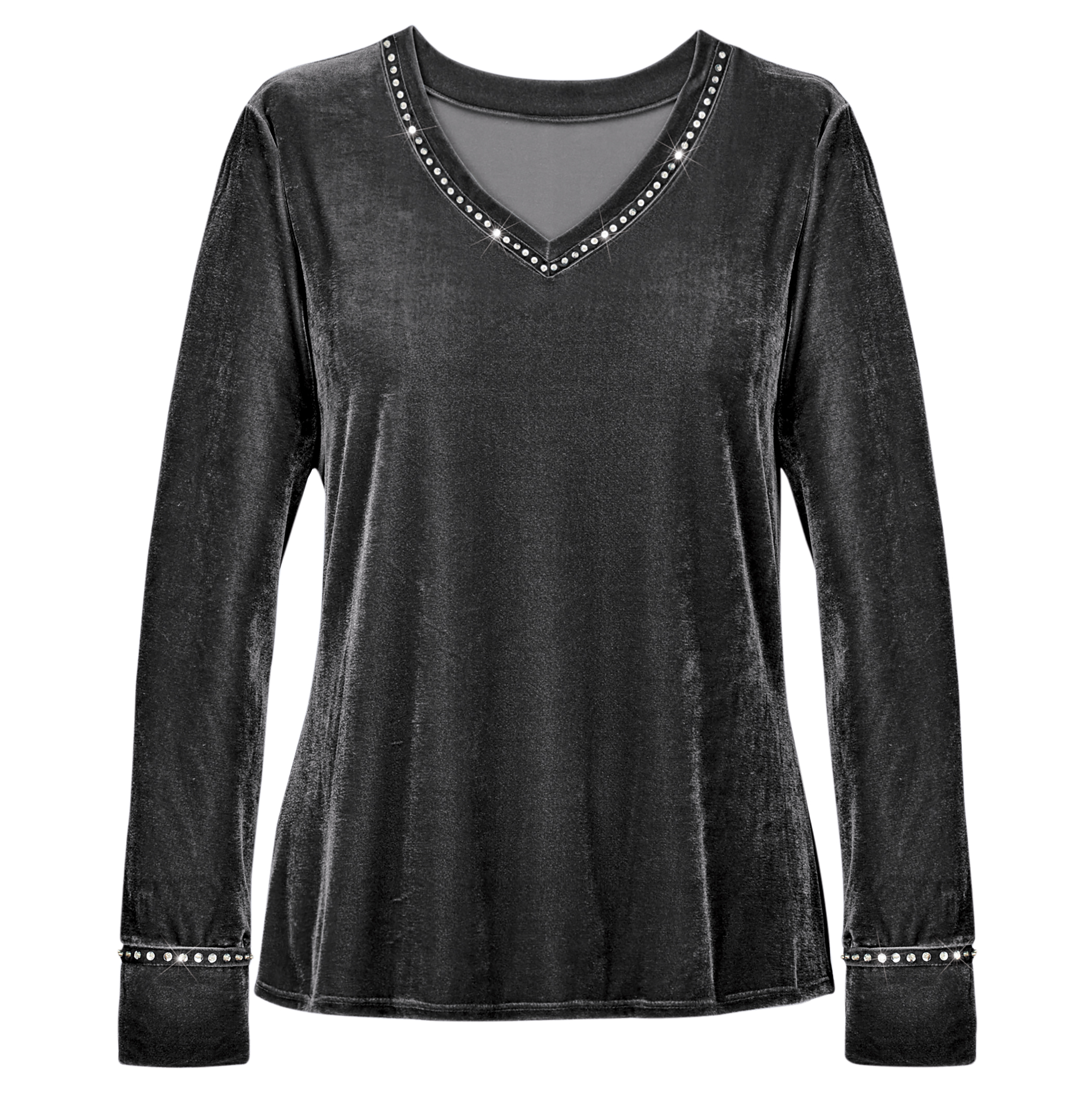 Sequin Trimmed Velvet Long Sleeve V-Neck Top X-Large Black