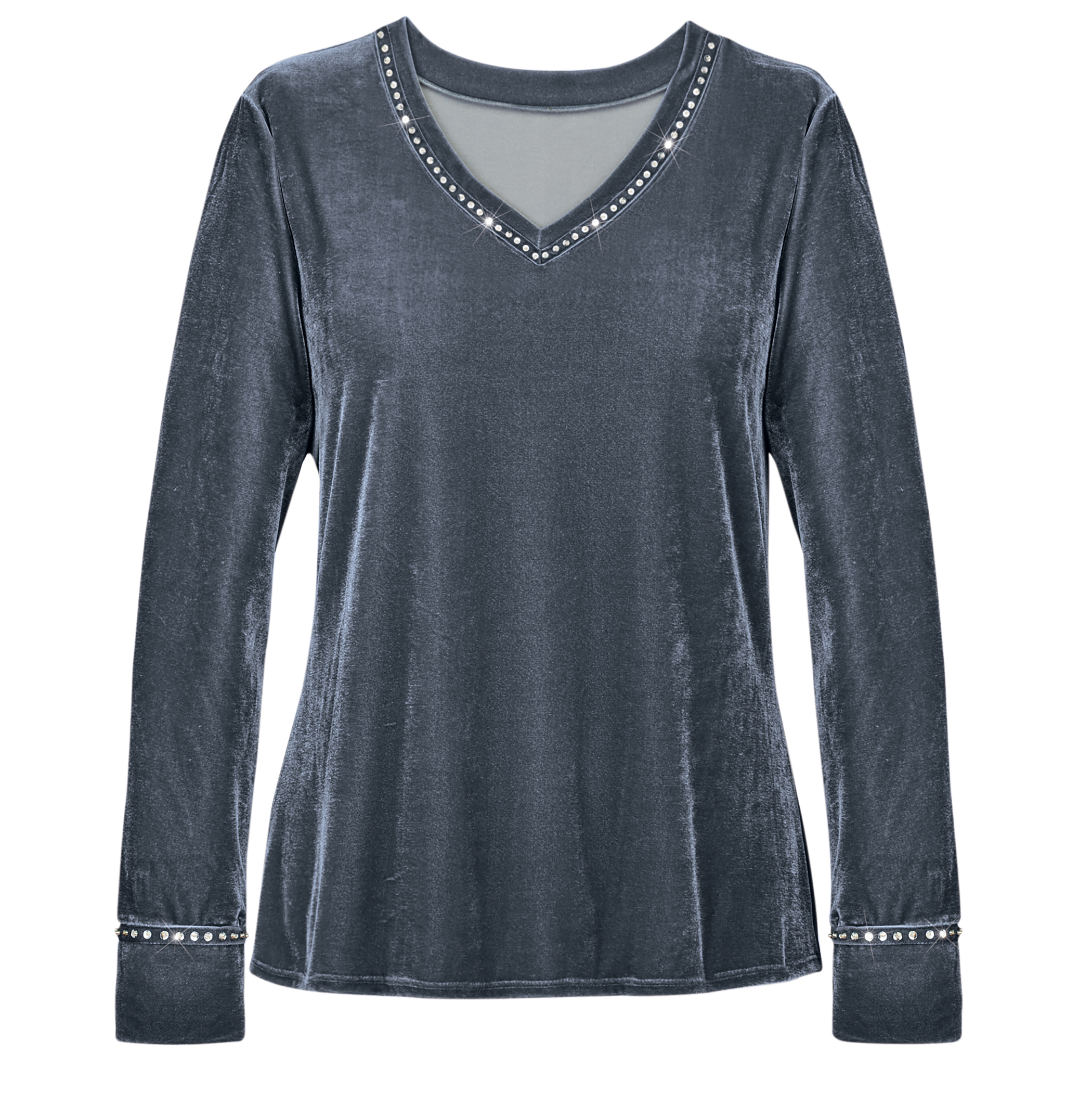 Sequin Trimmed Velvet Long Sleeve V-Neck Top X-Large Grey