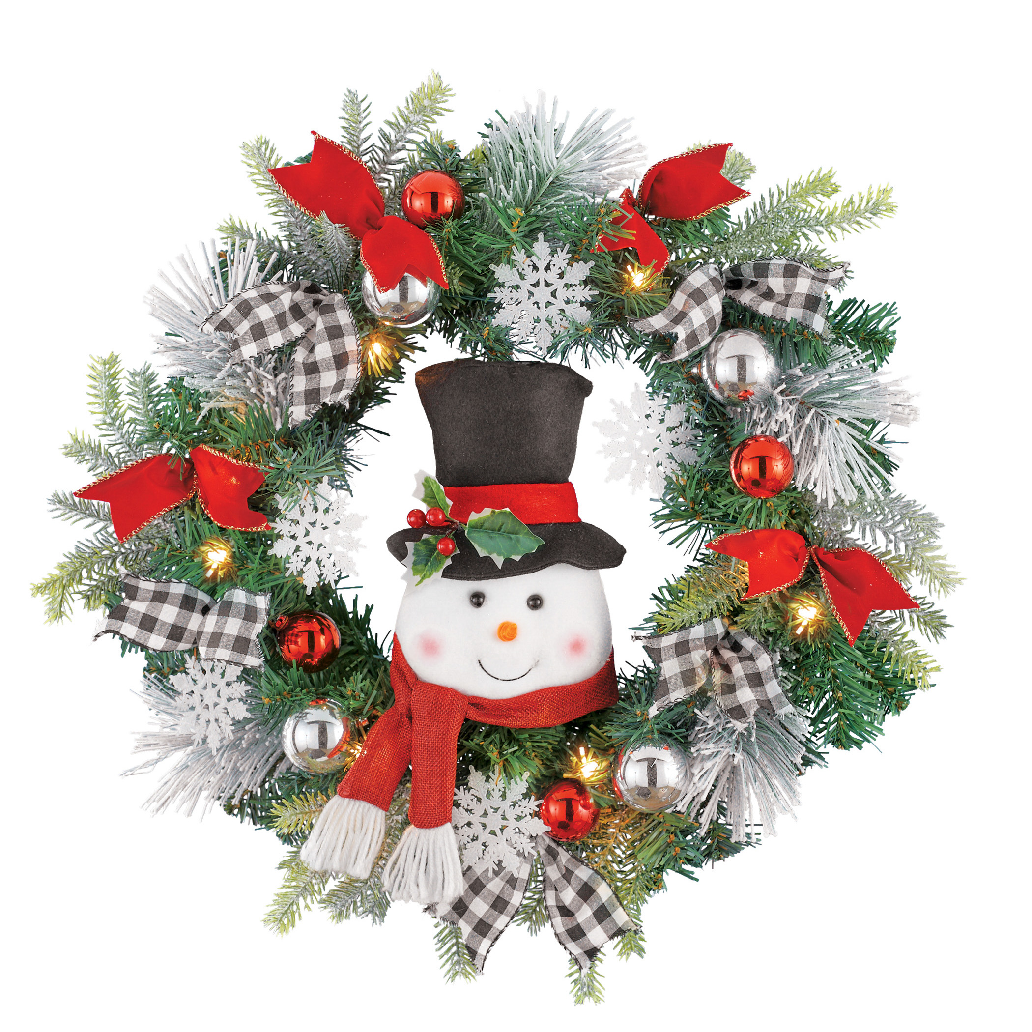 LED Lighted Winter Snowman Wreath with Black/White Buffalo Check Bows Green