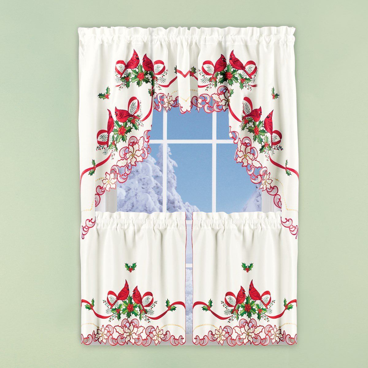 Cardinals & Holly Embroidered Christmas Café Curtains with Rod Pocket