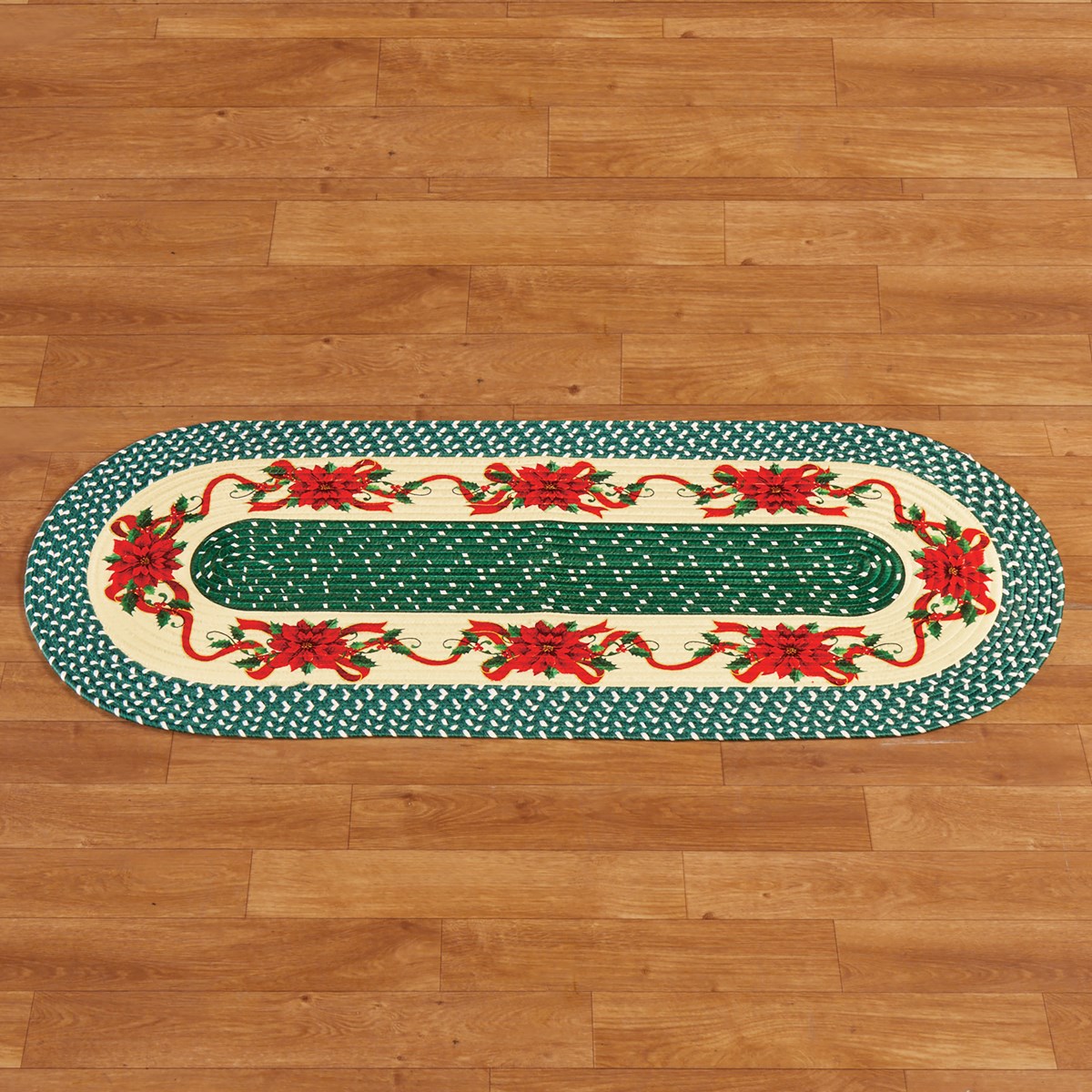 Holiday Poinsettias on Green Braided Runner Rug Collections Etc.