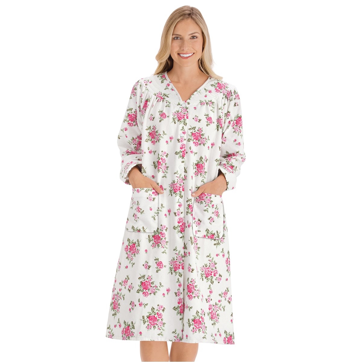 Floral Print Snap Front LongSleeve Flannel Robe with Pockets