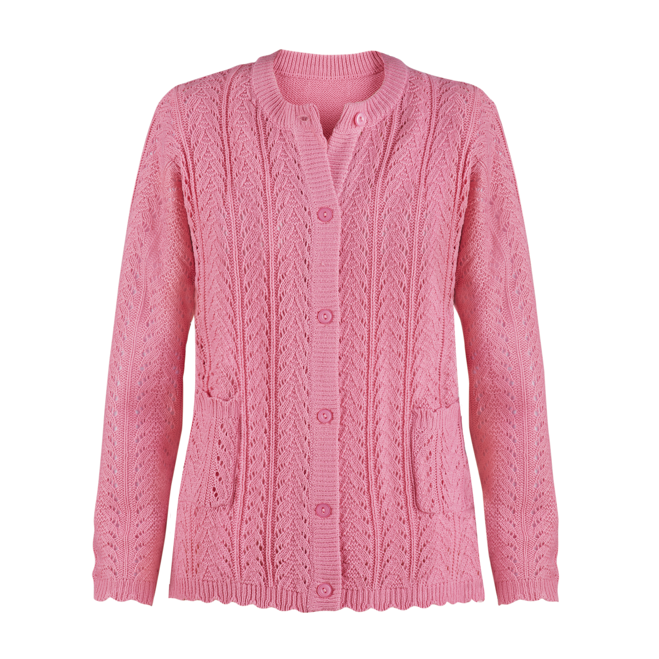 Pointelle Knit Two Patch Pockets Cardigan Large Peacock