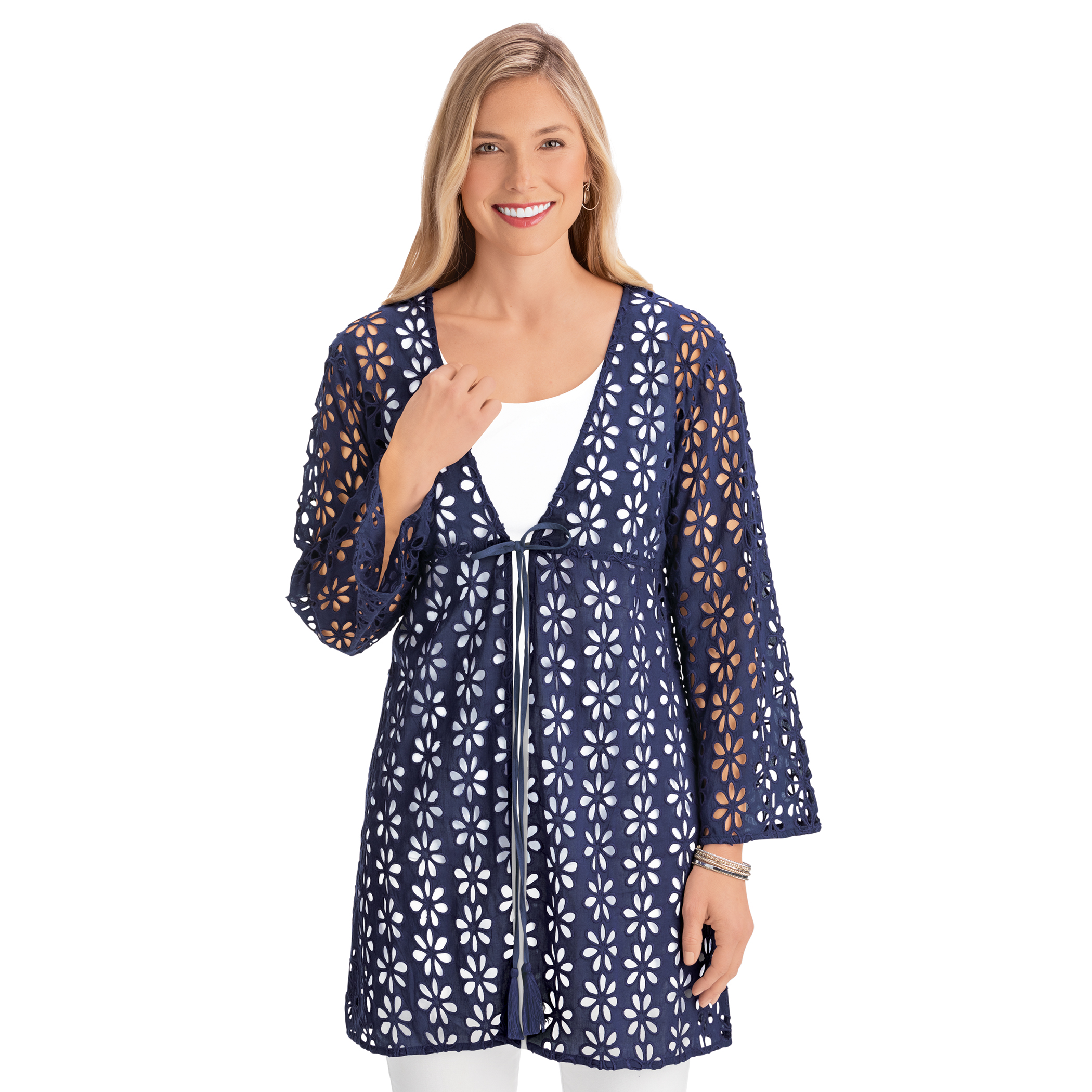 Floral Eyelet Lace Tie-Waist Long Sleeve Jacket